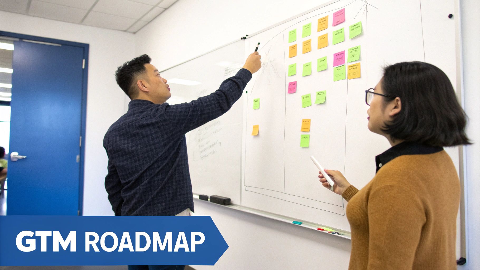 Two colleagues, an Asian man and woman, collaborate on a whiteboard filled with colorful sticky notes and diagrams during a meeting.