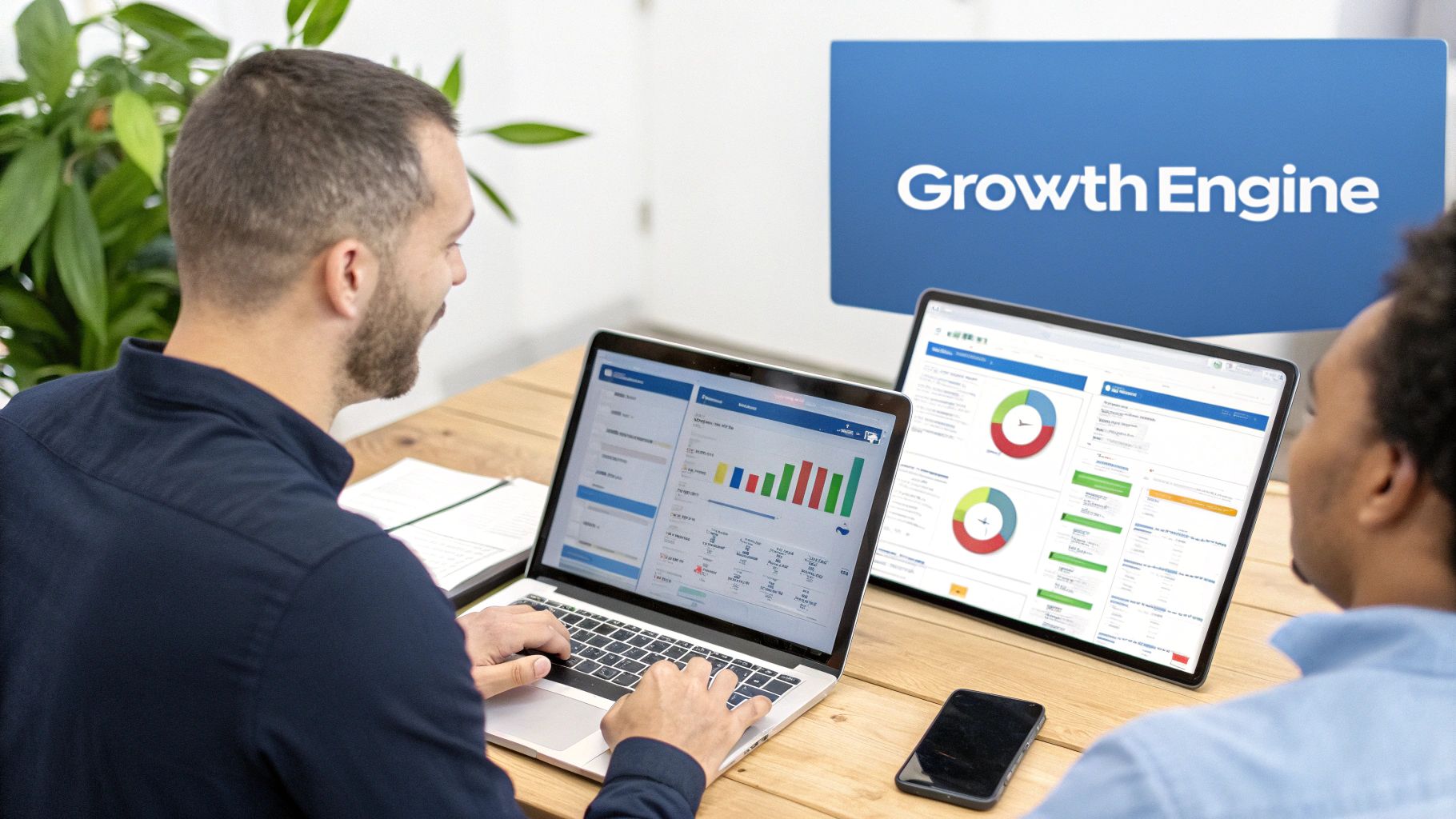 Business professionals collaborate, analyzing growth data on laptops and a tablet, with a "Growth Engine" screen.