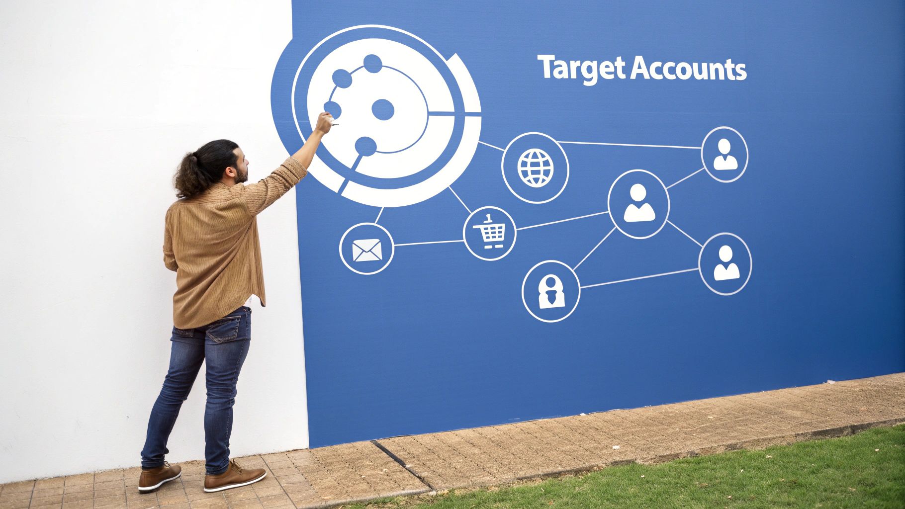 A man points at a blue wall showcasing "Target Accounts" and a data-driven marketing strategy graphic.