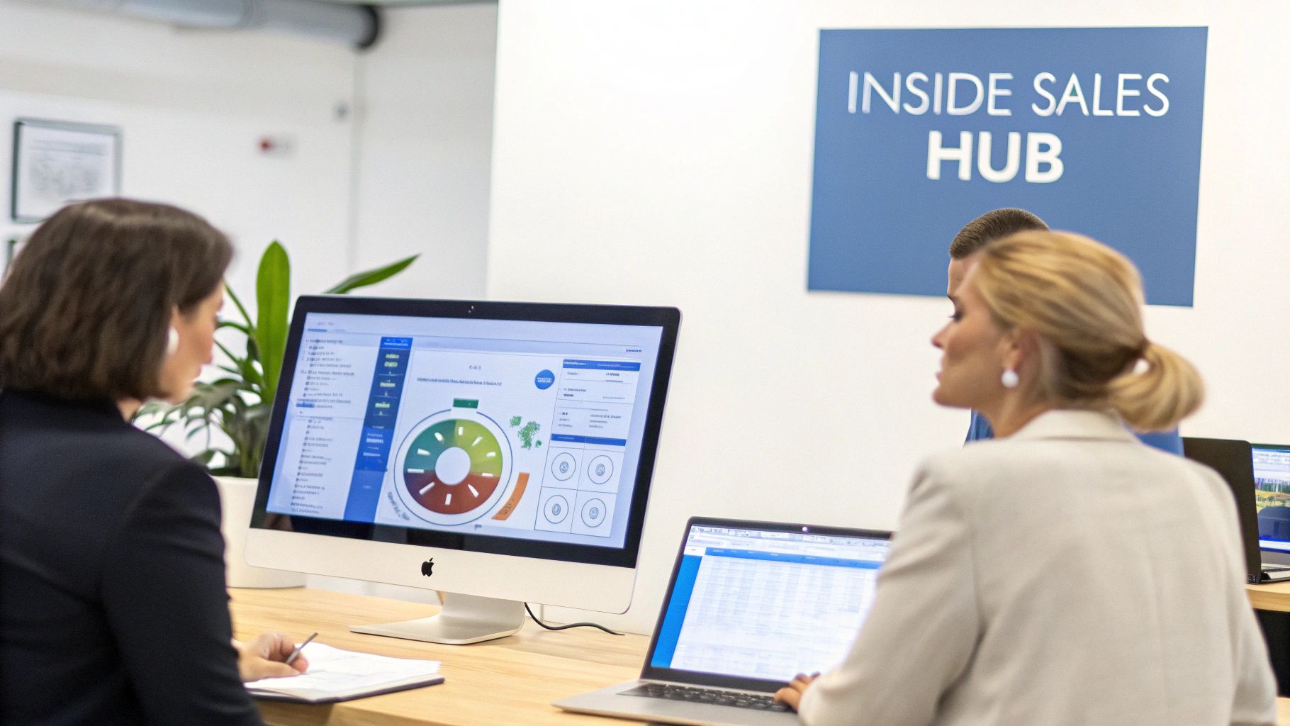 Two women collaborate in a modern office, one writing, the other typing, with an 'Inside Sales Hub' sign.