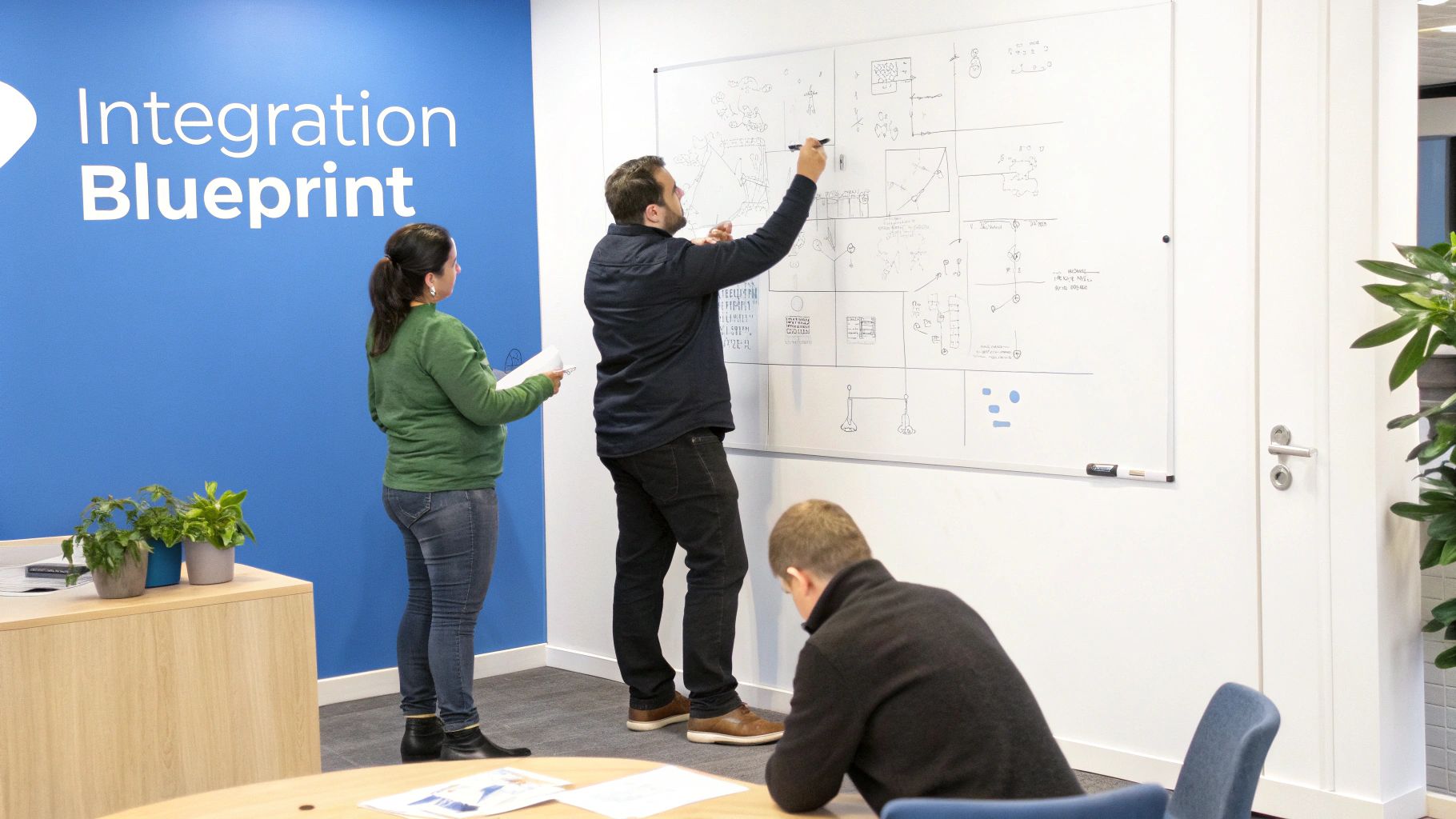 Three colleagues collaborating on an integration blueprint using a large whiteboard in an office.
