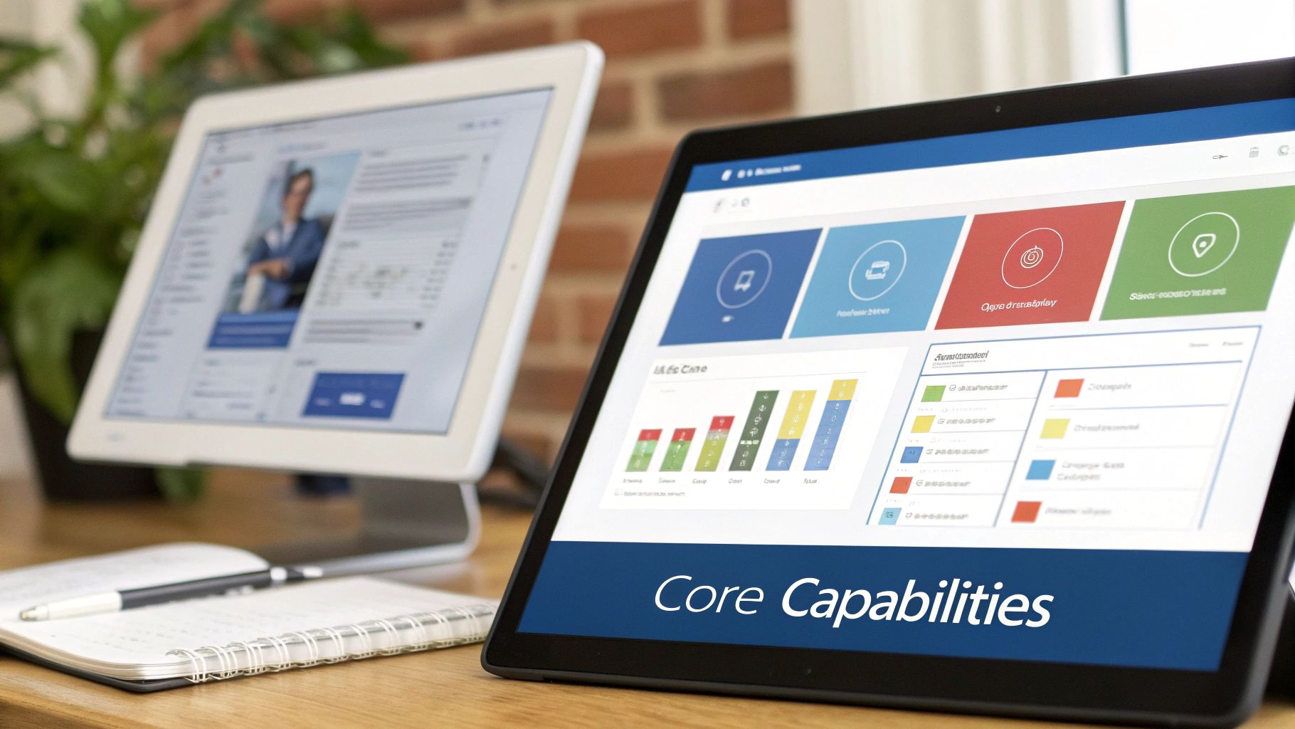 Two tablets on a wooden desk, one displaying a business dashboard, the other a profile page.
