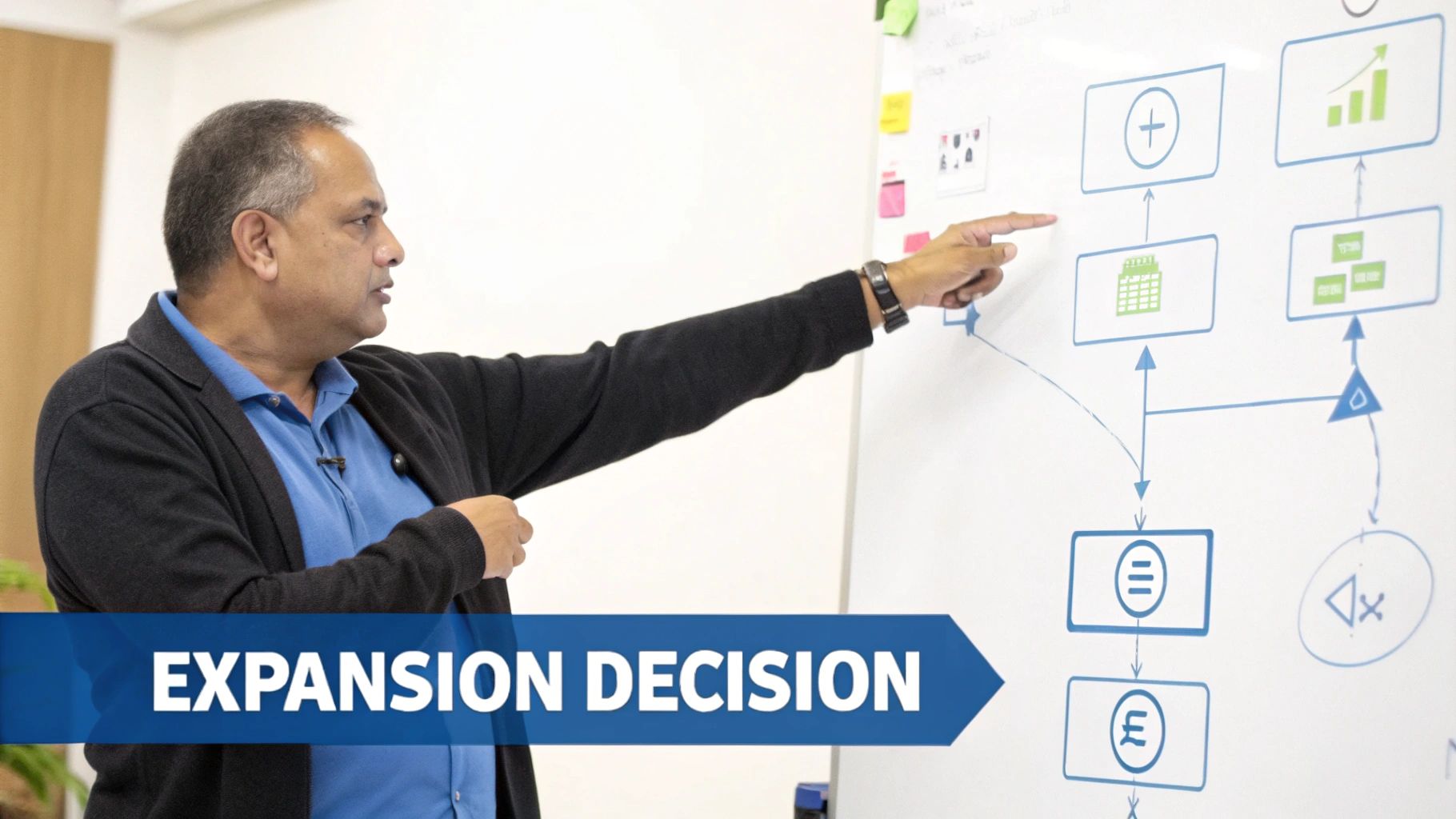 A man points at a business diagram on a whiteboard, with "EXPANSION DECISION" text.