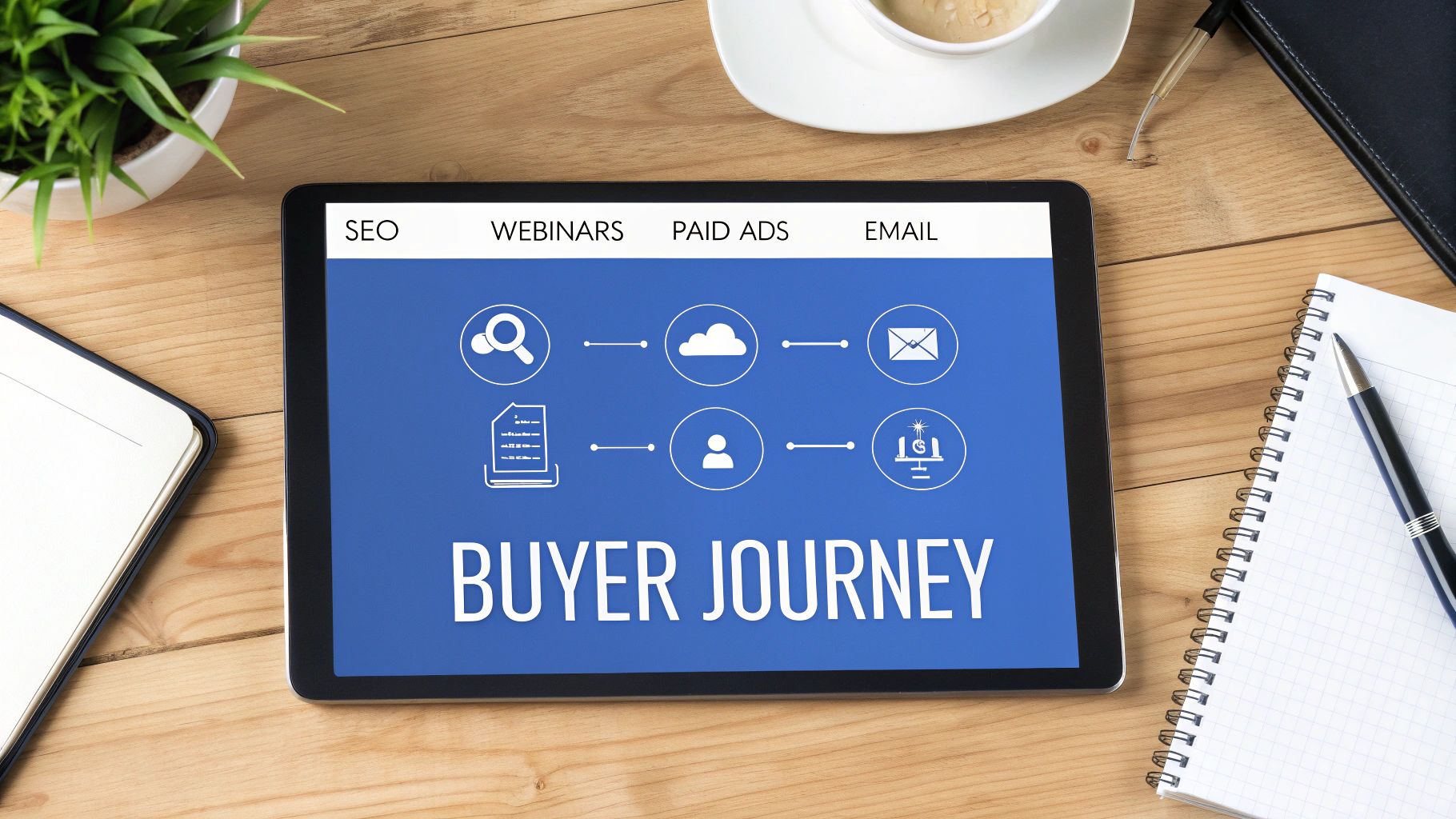 Tablet screen showing 'BUYER JOURNEY' with digital marketing channels like SEO, webinars, and email on a wooden desk.