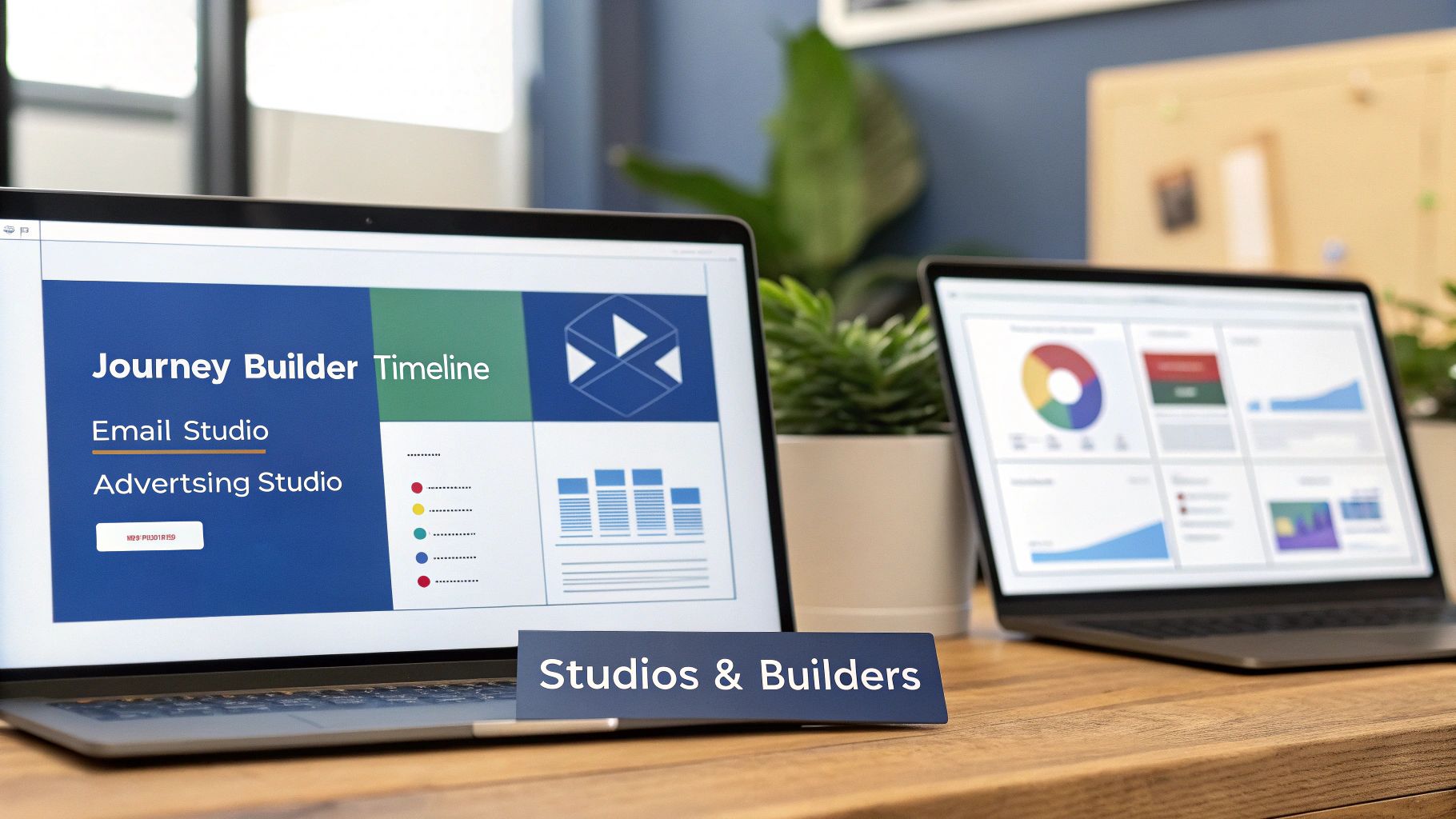 Two laptops on a wooden desk displaying marketing cloud engagement software, alongside a 'Studios & Builders' sign.