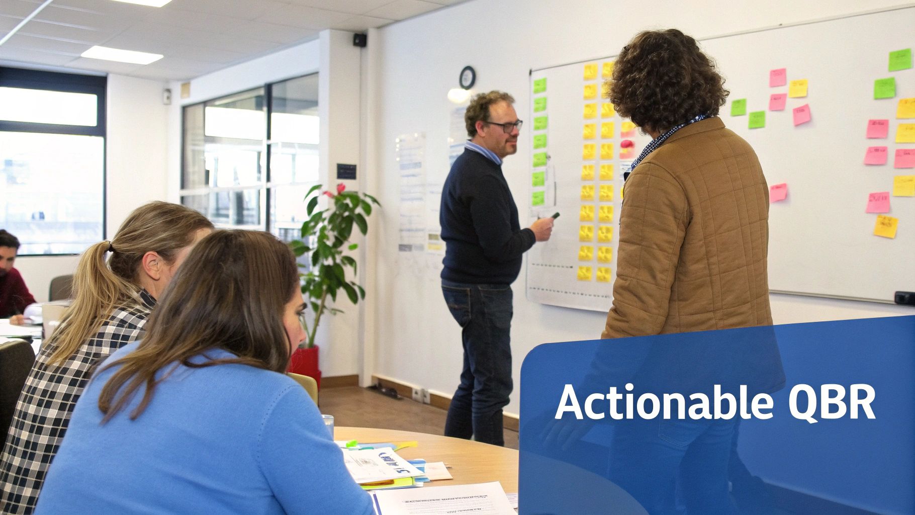 Professionals collaborating in an office, brainstorming ideas on a whiteboard covered with colorful sticky notes.
