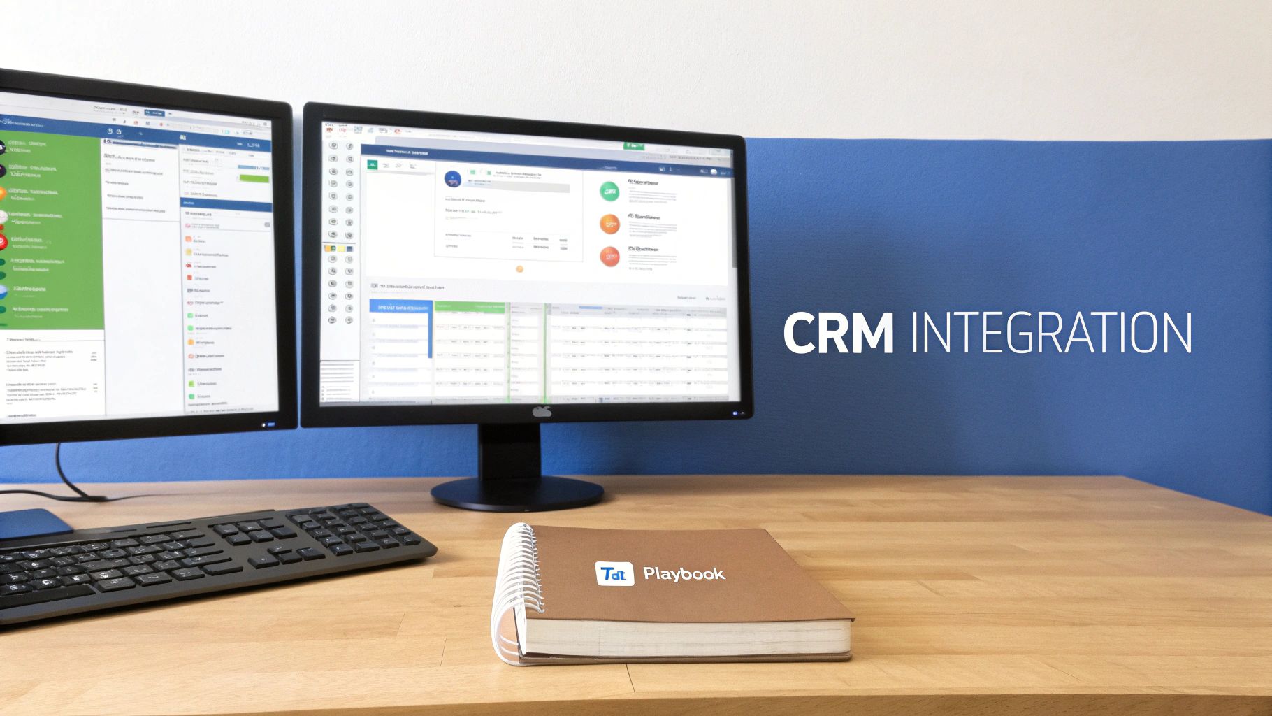 Two monitors displaying CRM software, a keyboard, and a Tat Playbook notebook on a wooden desk with "CRM INTEGRATION" text.