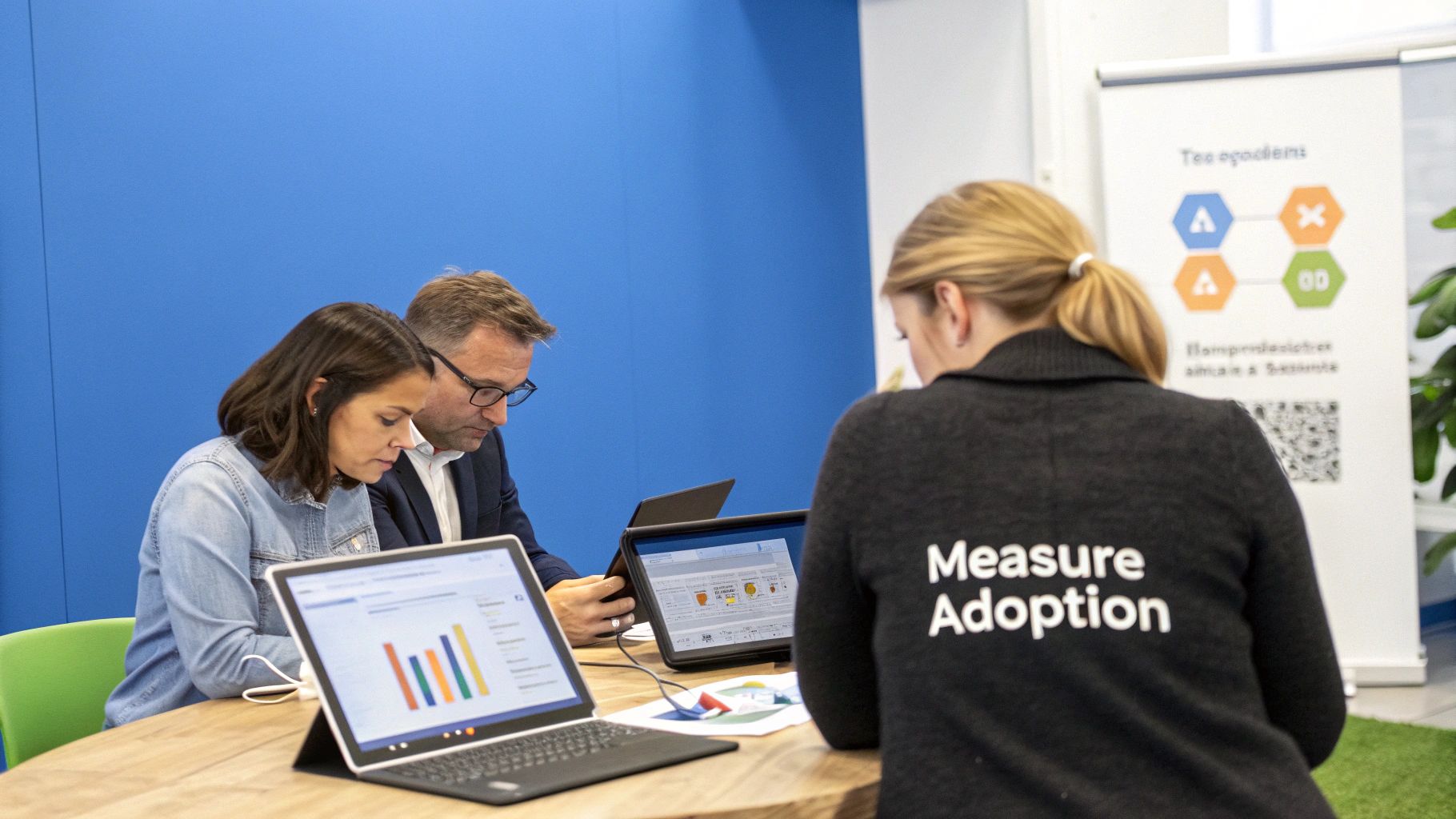 Three professionals collaborate on laptops and tablets in a vibrant office setting, focusing on data.