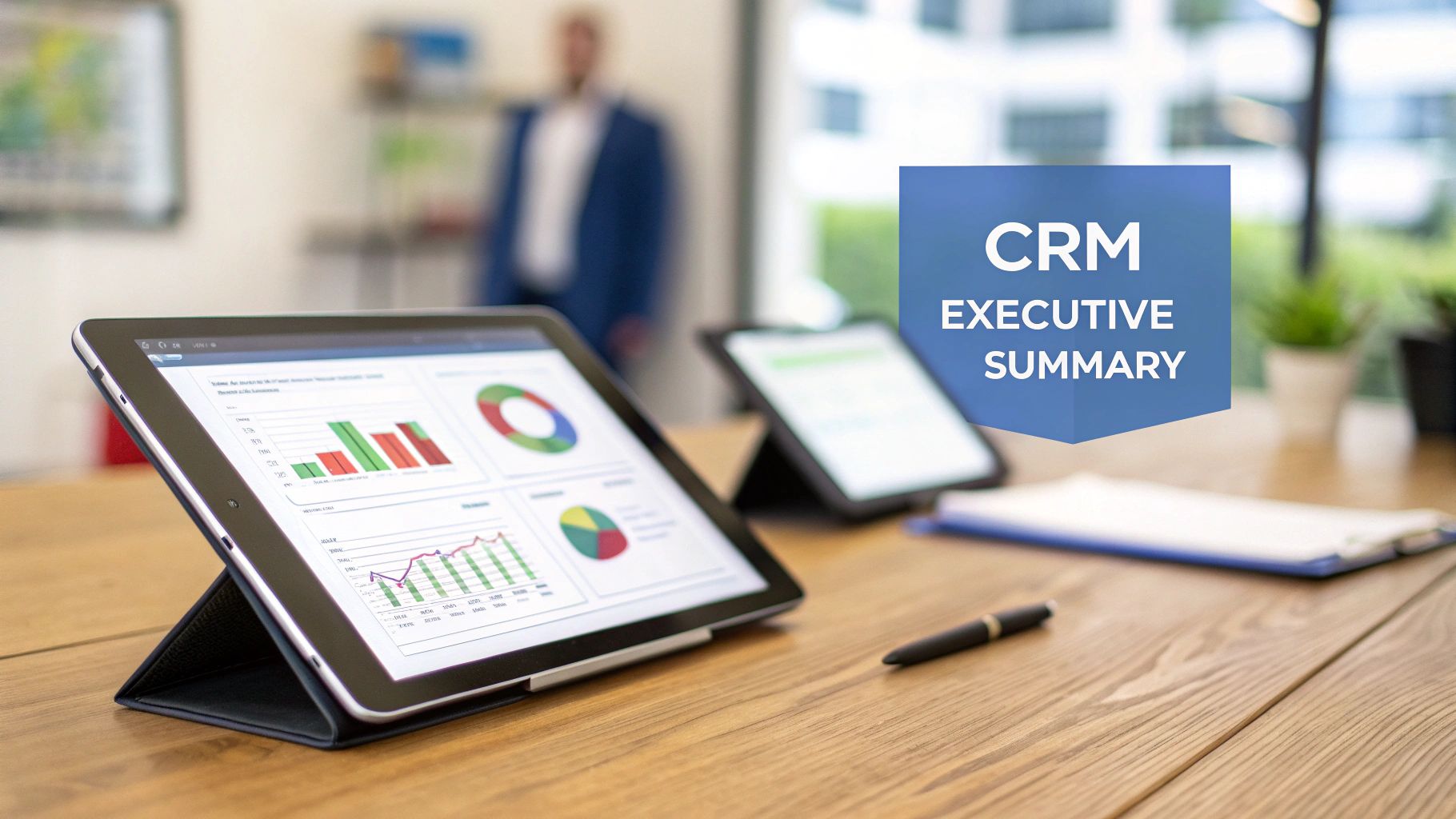 A tablet displays CRM data dashboards with charts and graphs on a wooden desk, illustrating an executive summary.