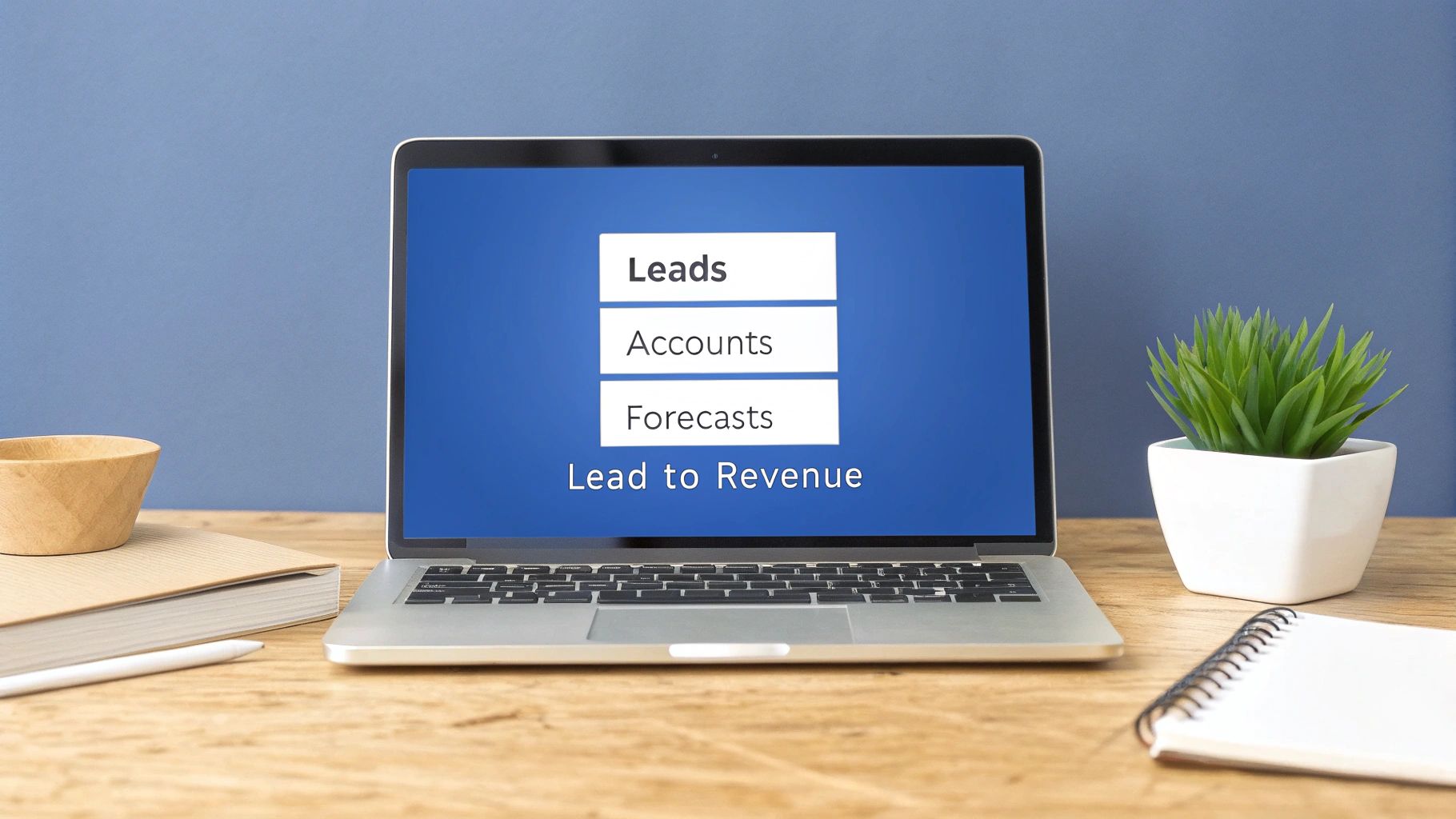 Laptop on a wooden desk showing a screen with Leads, Accounts, Forecasts, and Lead to Revenue.