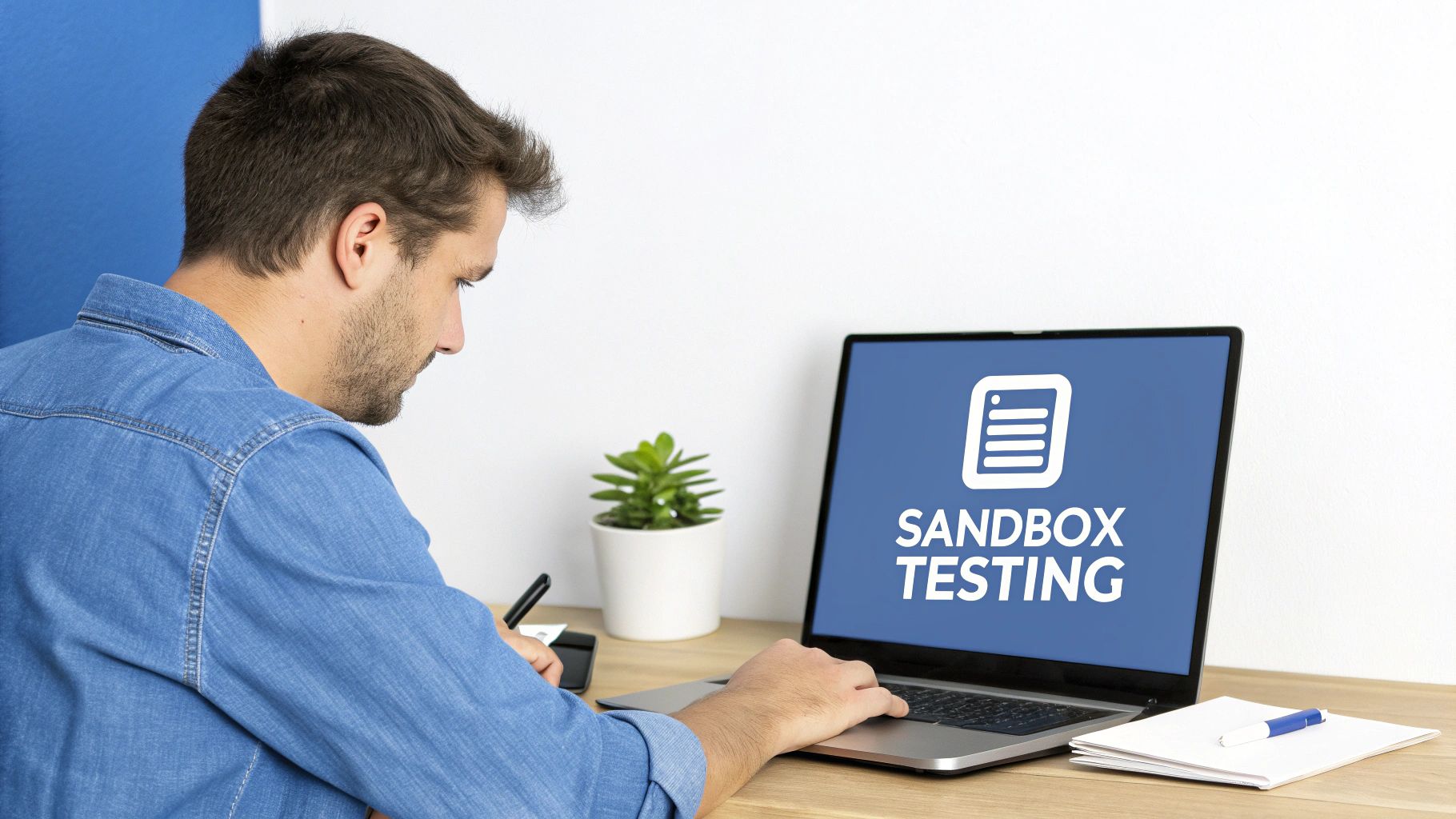 A man in a blue denim shirt works on a laptop displaying 'SANDBOX TESTING' with an icon.