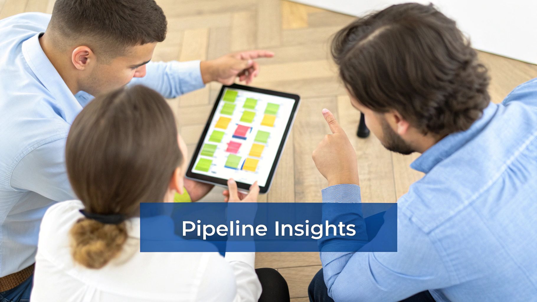 Three colleagues analyze a tablet displaying a colorful data chart, discussing pipeline insights.