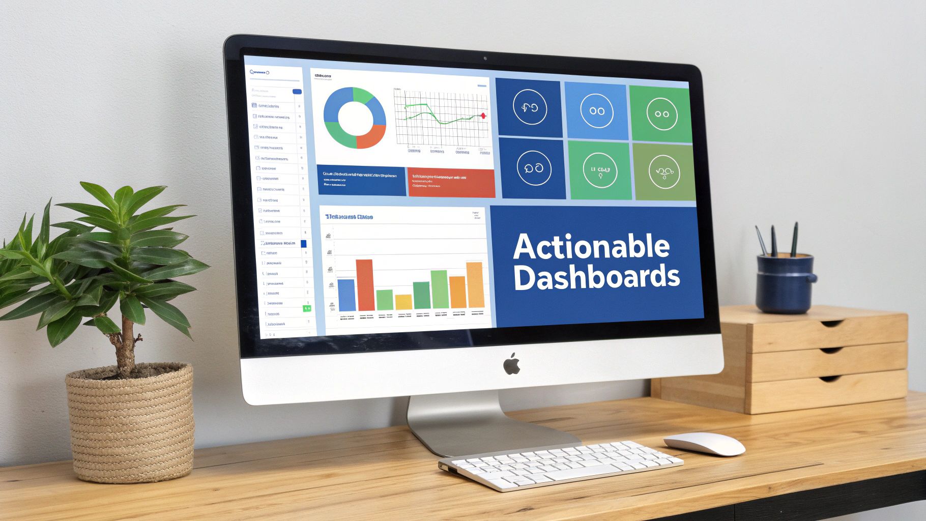 A desktop computer displaying a data dashboard with charts, graphs, and 'Actionable Dashboards' text on a wooden desk.