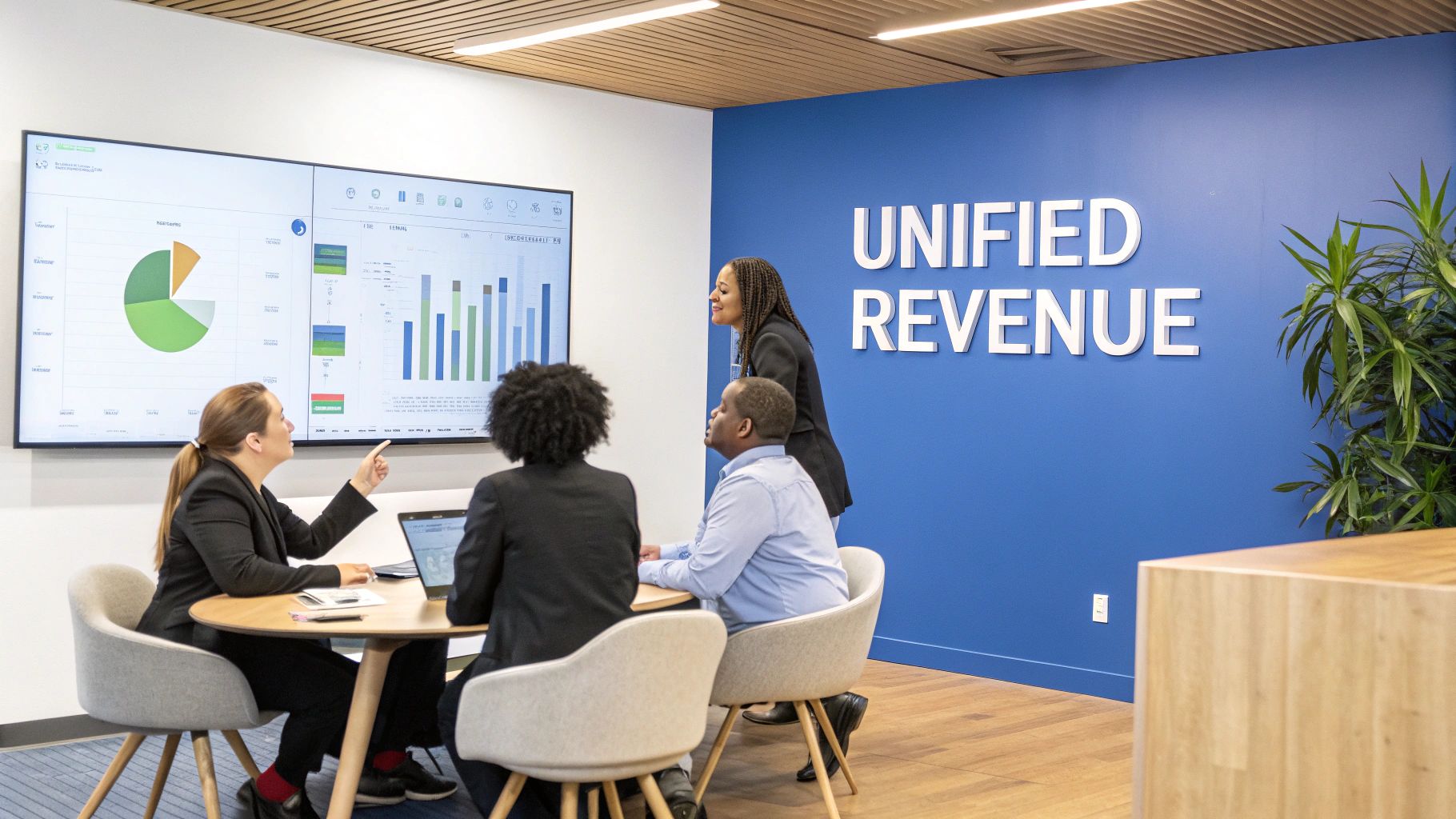 Diverse professionals discuss data visualizations on a large screen in a modern office meeting room.