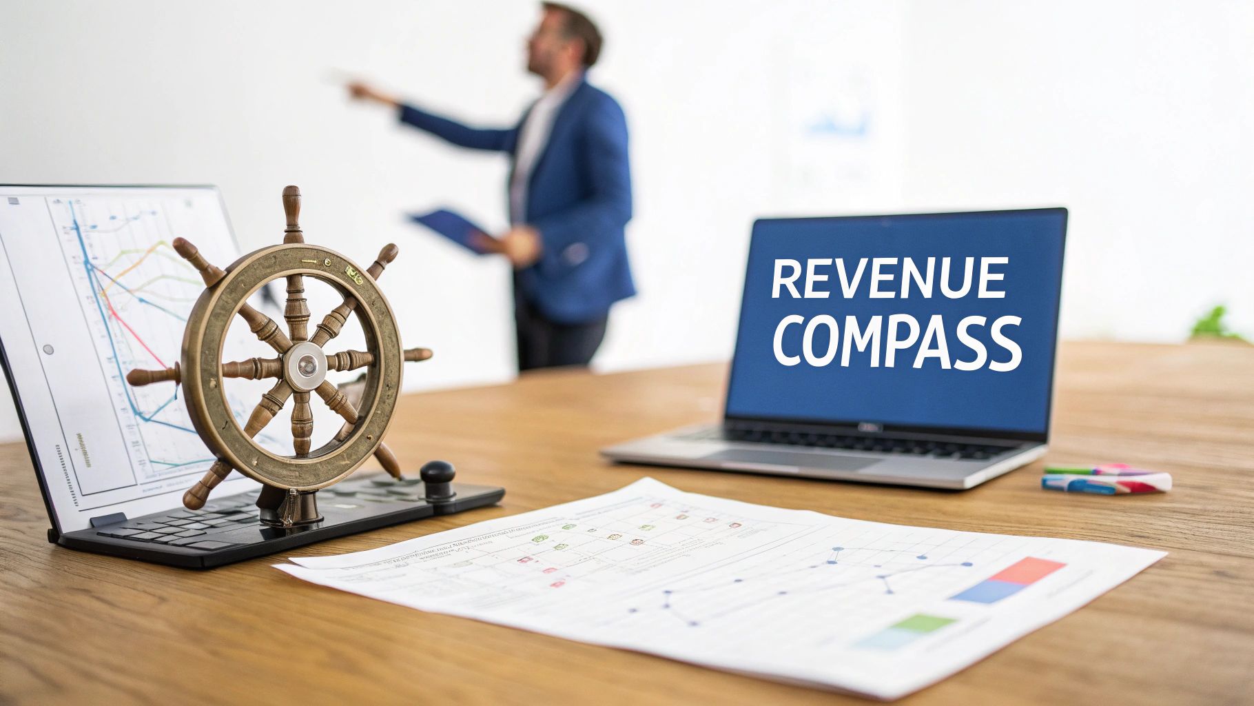 A strategic compass on a map, symbolizing revenue forecasting as a guide for business growth.