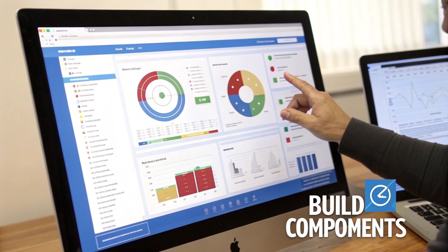 A screenshot of the Salesforce dashboard builder interface, showing how to add and configure components.