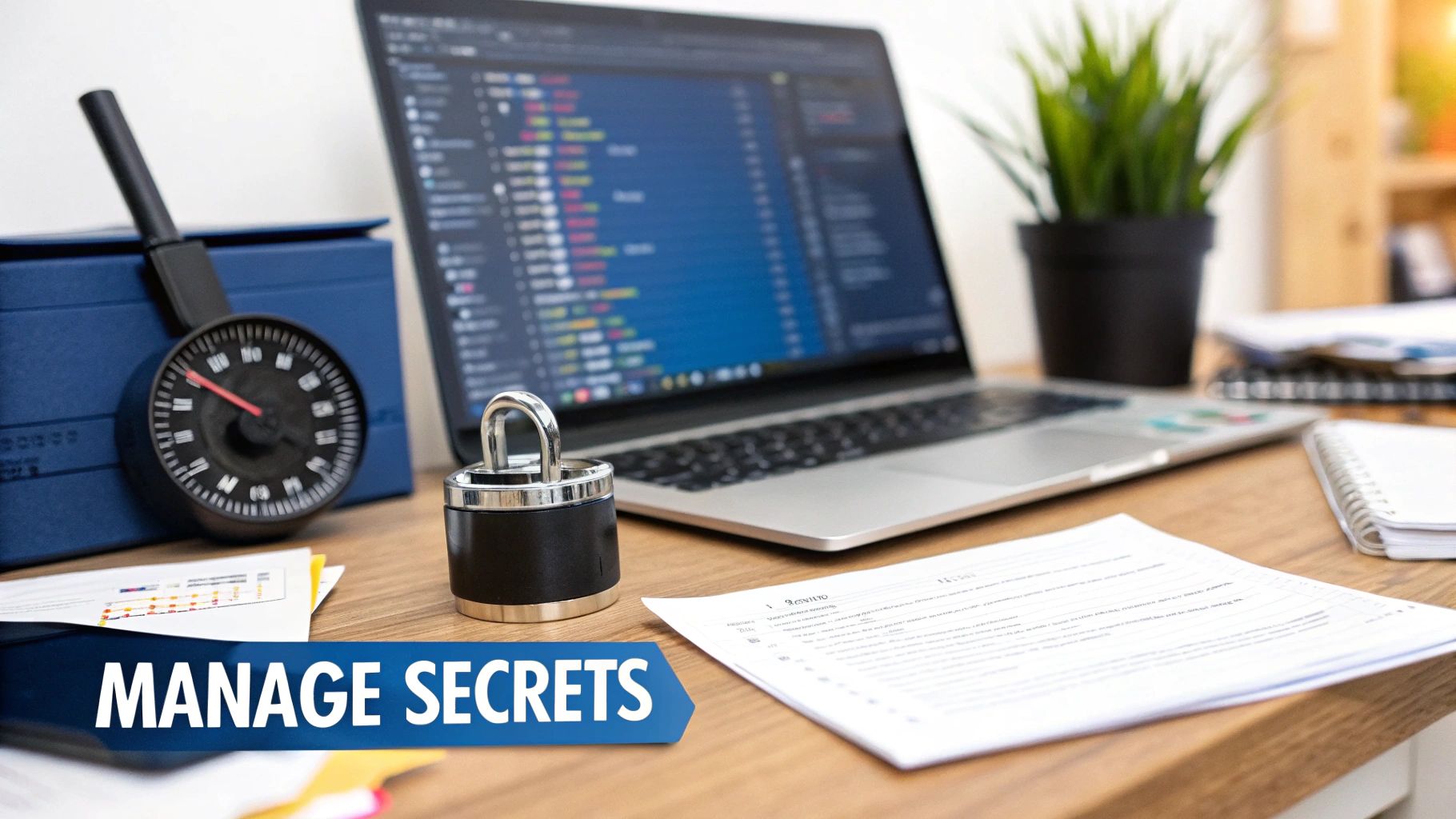 A desk with a laptop displaying code, a padlock, a timer, and documents, emphasizing data security.