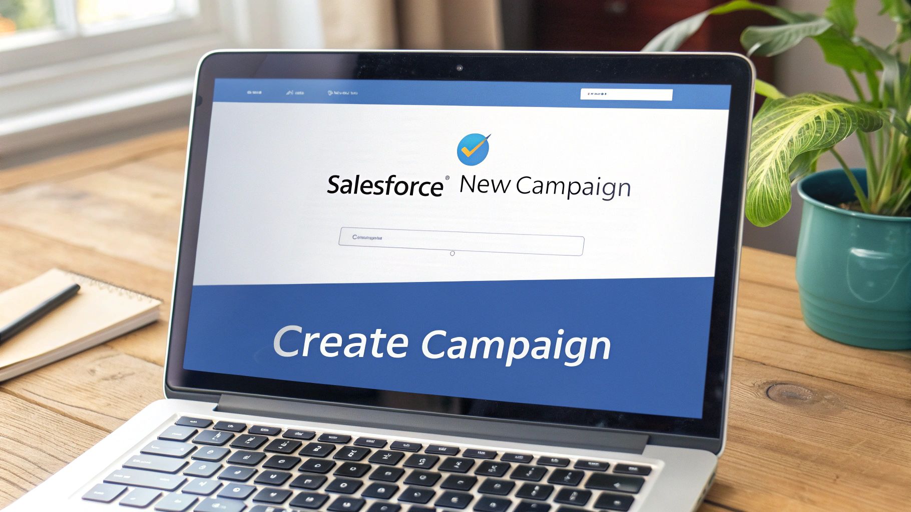 A smiling professional woman using a laptop in a bright office environment, illustrating the hands-on process of creating a campaign.