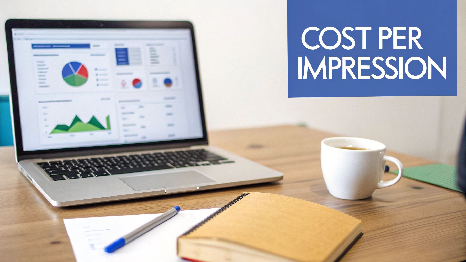 A desk with a laptop displaying marketing data, a coffee cup, and a notebook, featuring 'COST PER IMPRESSION' text.