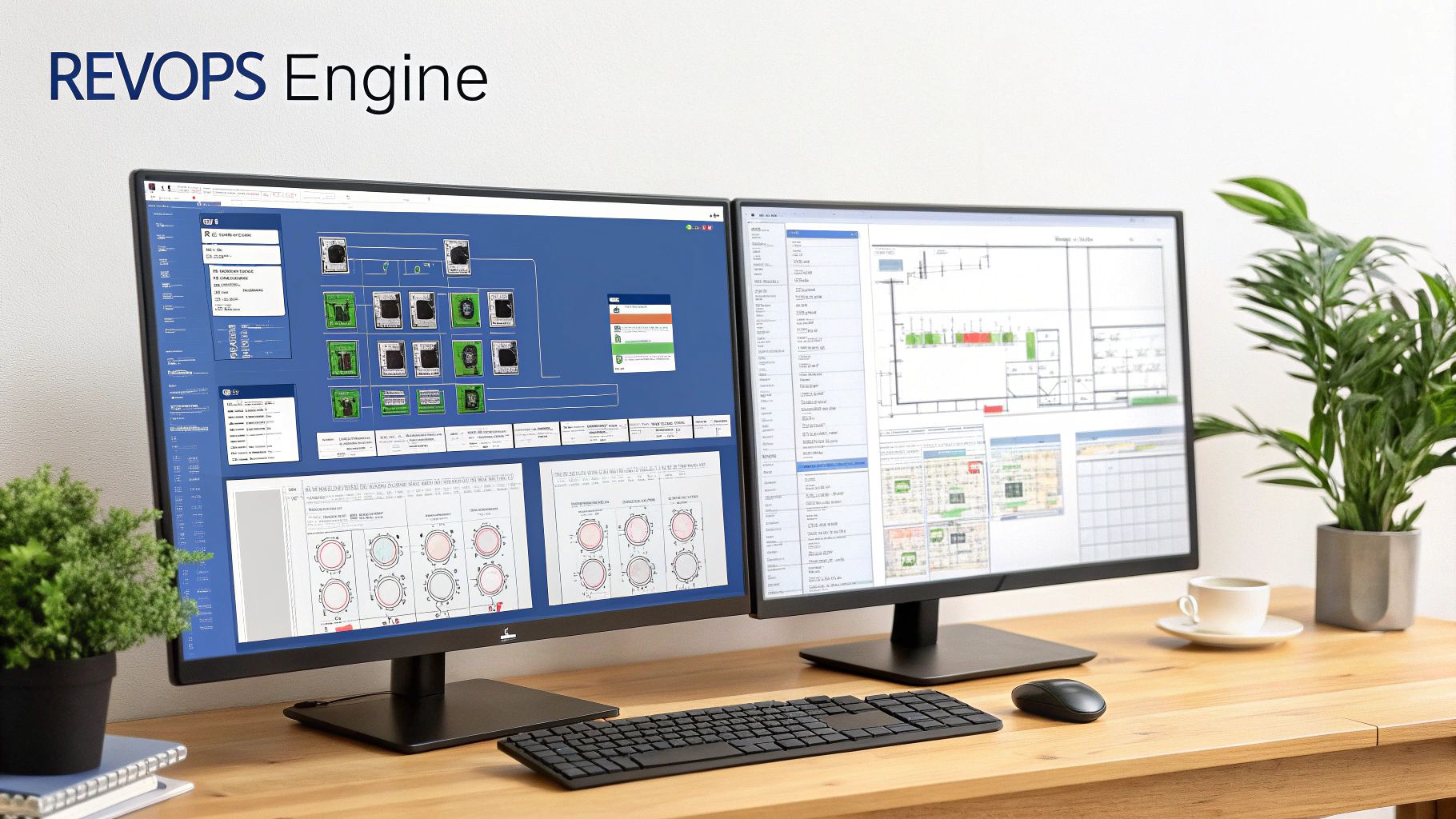 Two monitors showing 'REVOPS Engine' software, data dashboards, and a blueprint on a wooden desk.
