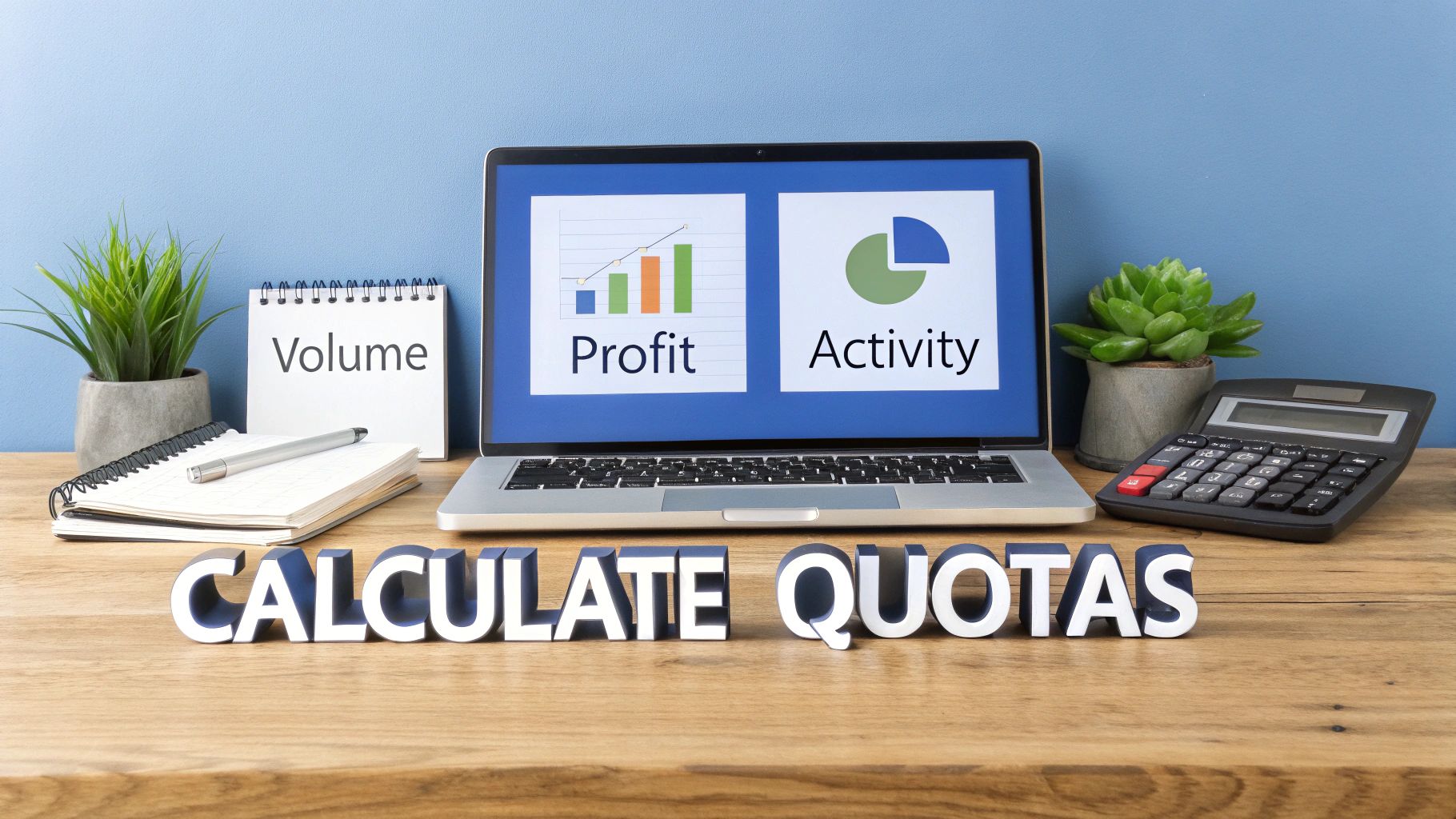 A desk with a laptop showing profit and activity charts, a calculator, notepad, and 3D letters spelling 'CALCULATE QUOTAS'.