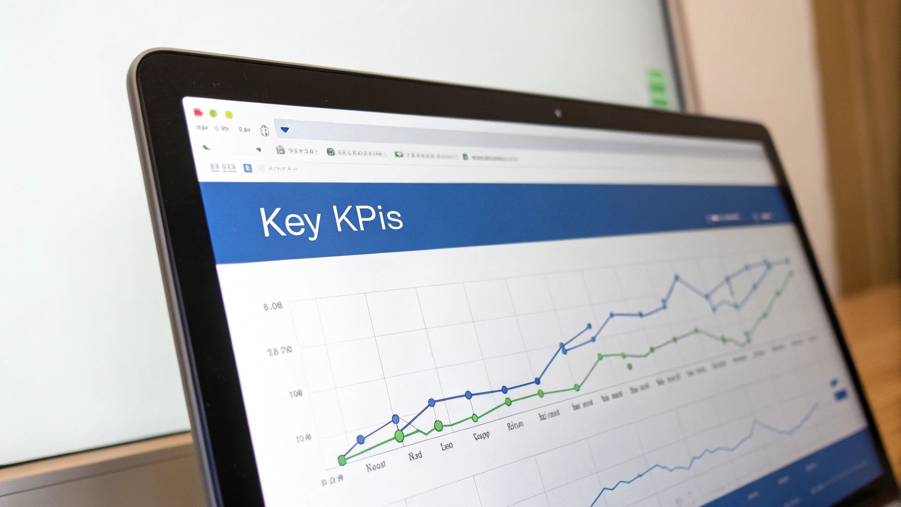 Close-up of a laptop screen displaying a 'Key KPIs' dashboard with a line graph showing business data trends.