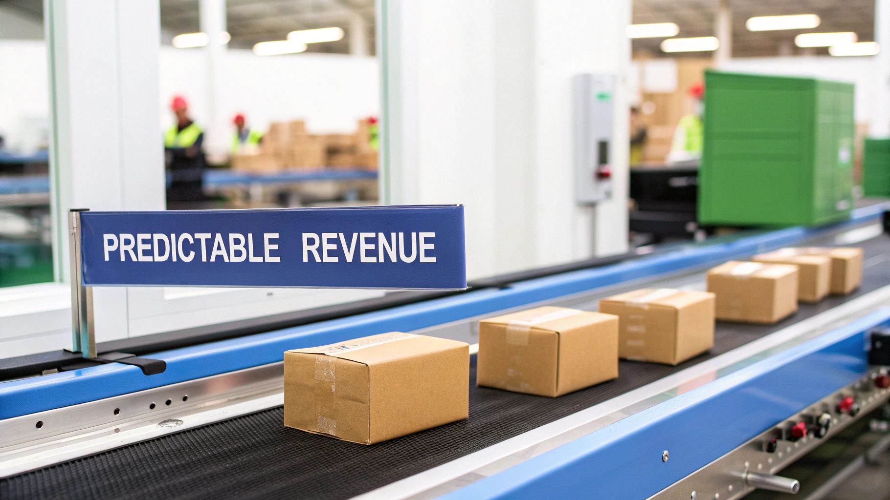 Cardboard boxes moving on a conveyor belt under a blue 'PREDICTABLE REVENUE' sign.