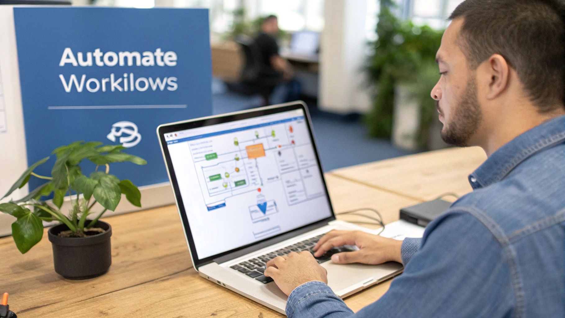 A person interacting with a futuristic digital interface showing automated workflows and data connections, representing MarTech automation.