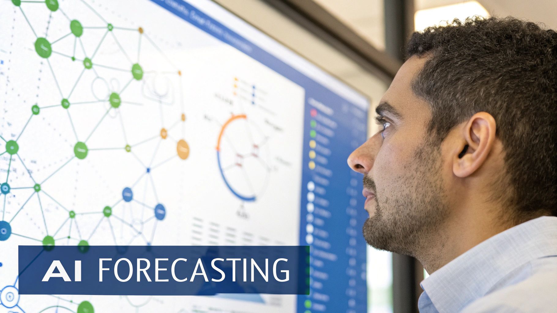 Side profile of a man intently viewing AI forecasting data and complex graphs on a computer monitor.