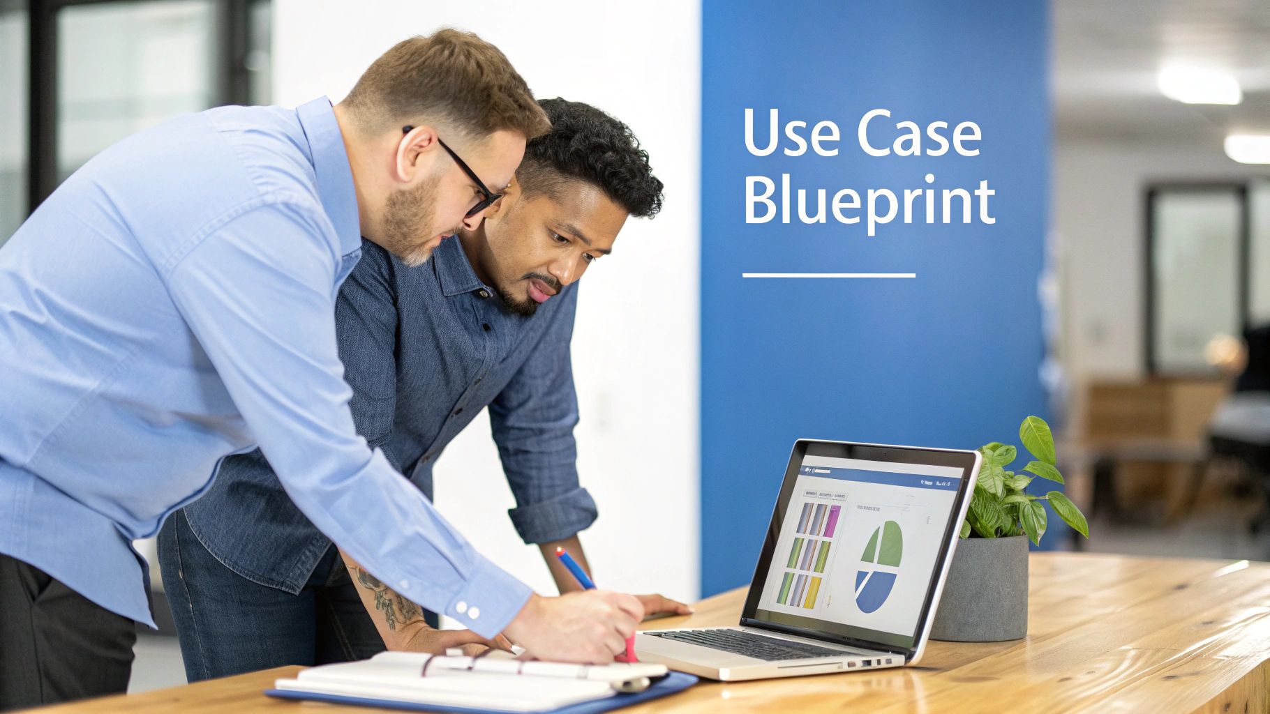 Two diverse men collaborate, discussing data on a laptop and taking notes during a 'Use Case Blueprint' meeting.
