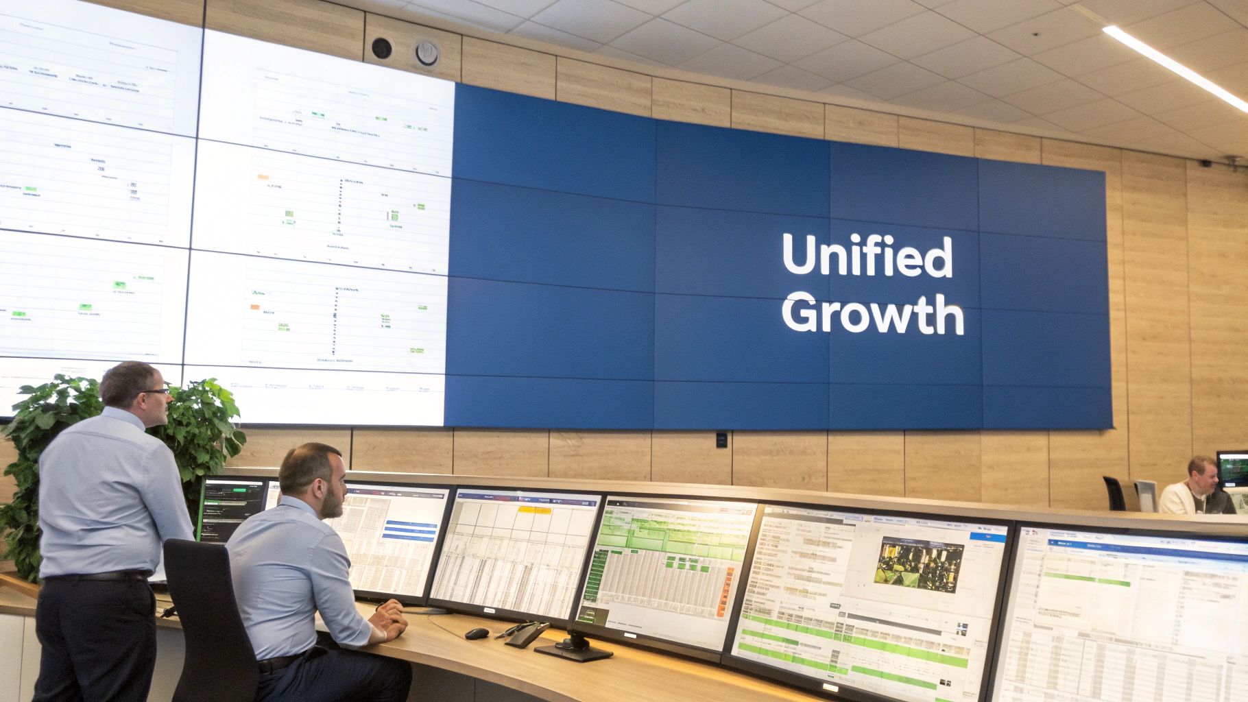 Business professionals analyzing data dashboards and growth metrics on multiple monitors in modern office