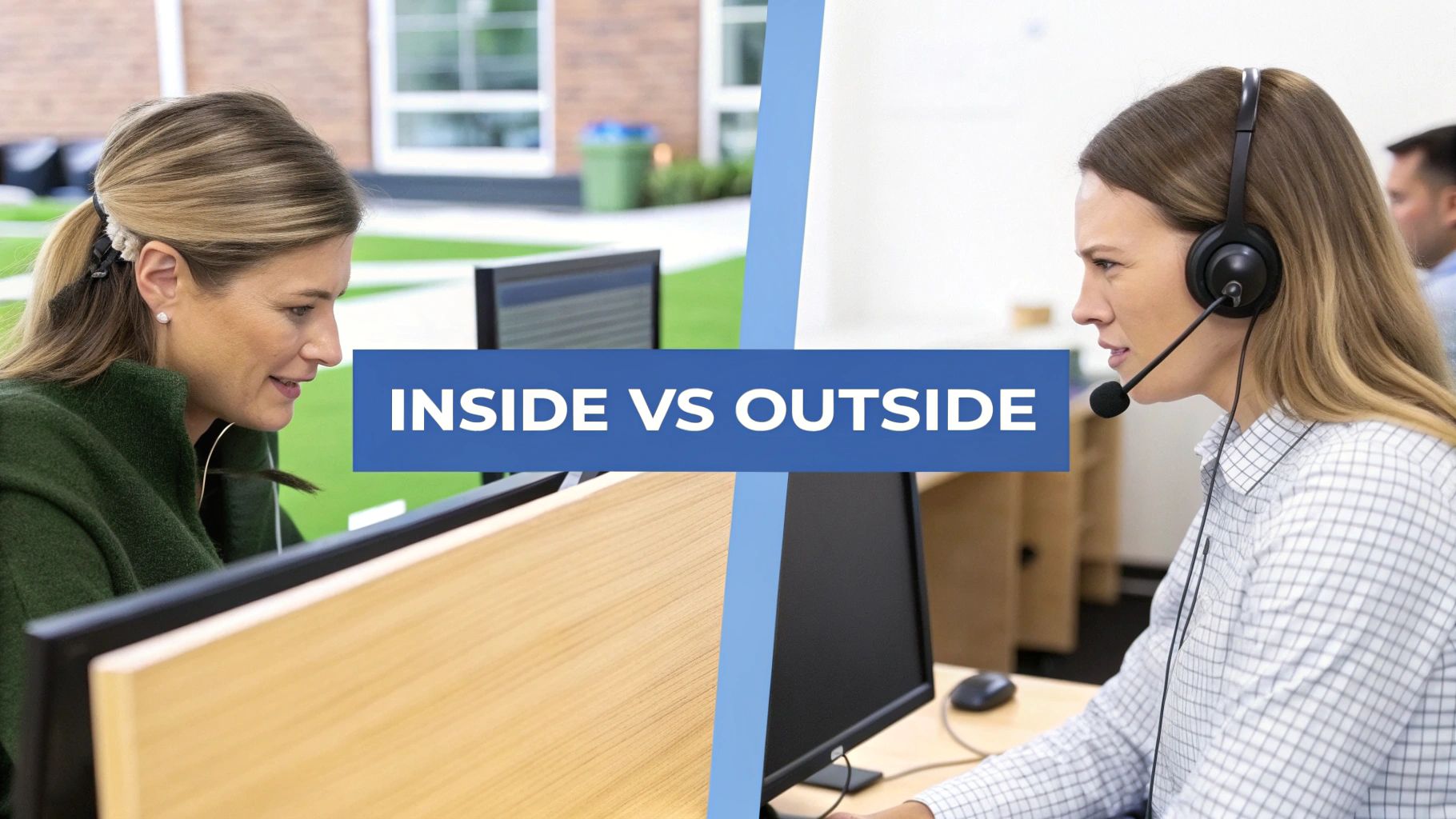 Two women at computers, one in an office, another with a headset, split by 'INSIDE VS OUTSIDE' text.