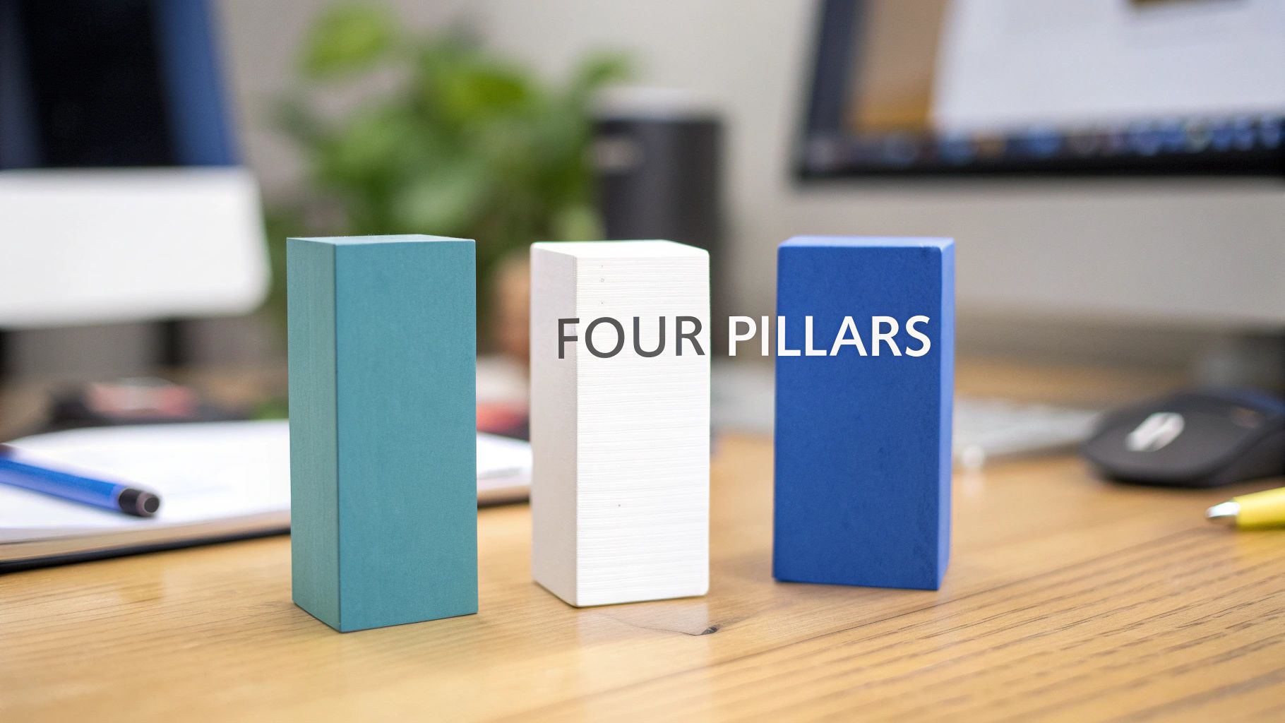 A modern office setting with four distinct visual icons representing strategy, technology, process, and data.