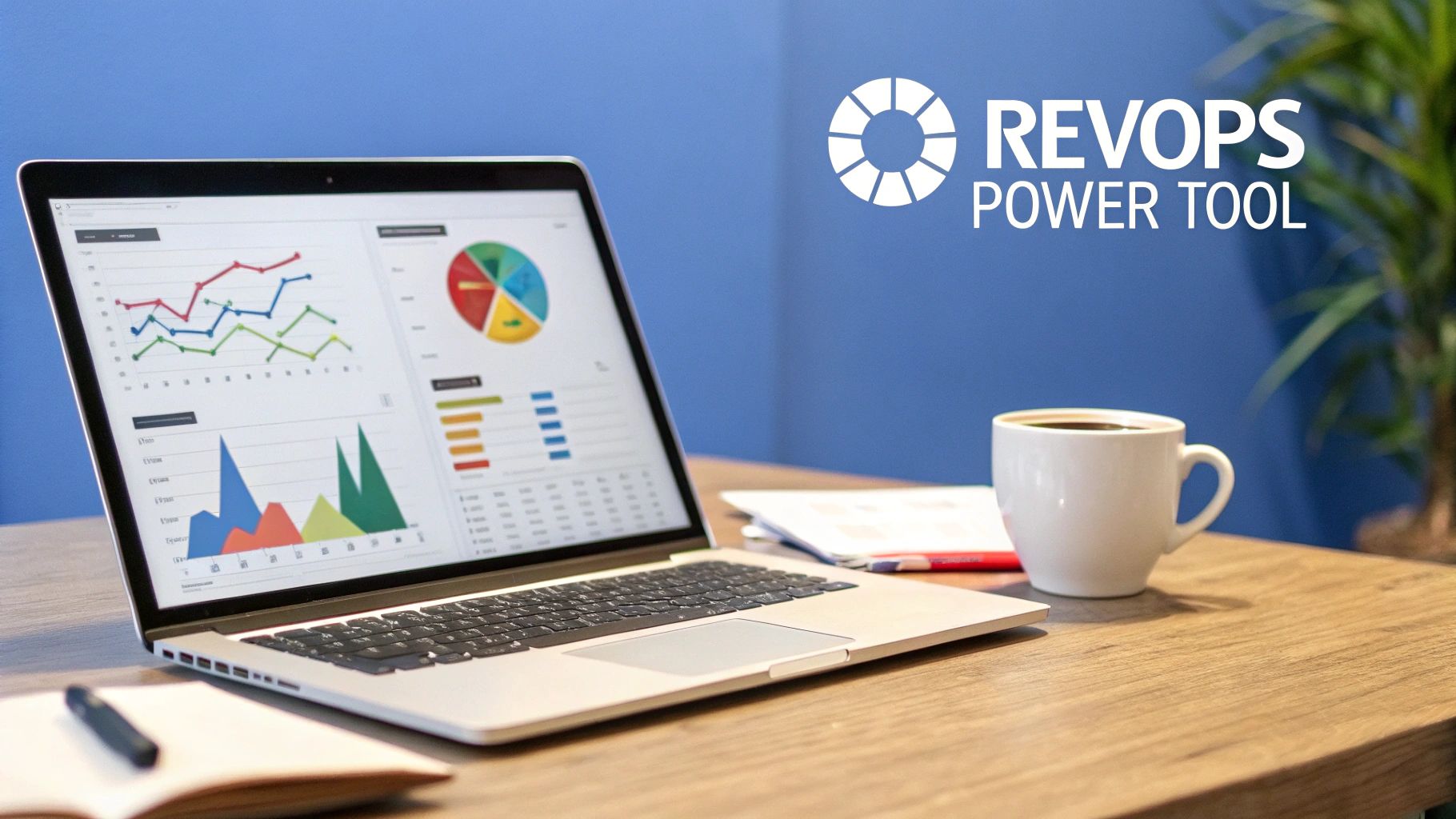 Laptop displaying business data analytics, graphs, and charts, with a coffee cup and 'REV OPS POWER TOOL' text.
