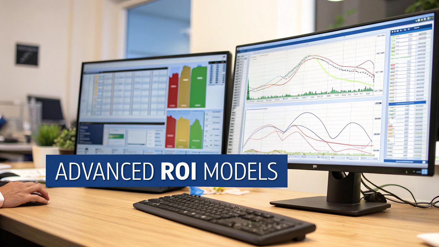 Two computer monitors display advanced ROI models with financial charts and data on a desk, next to a keyboard.