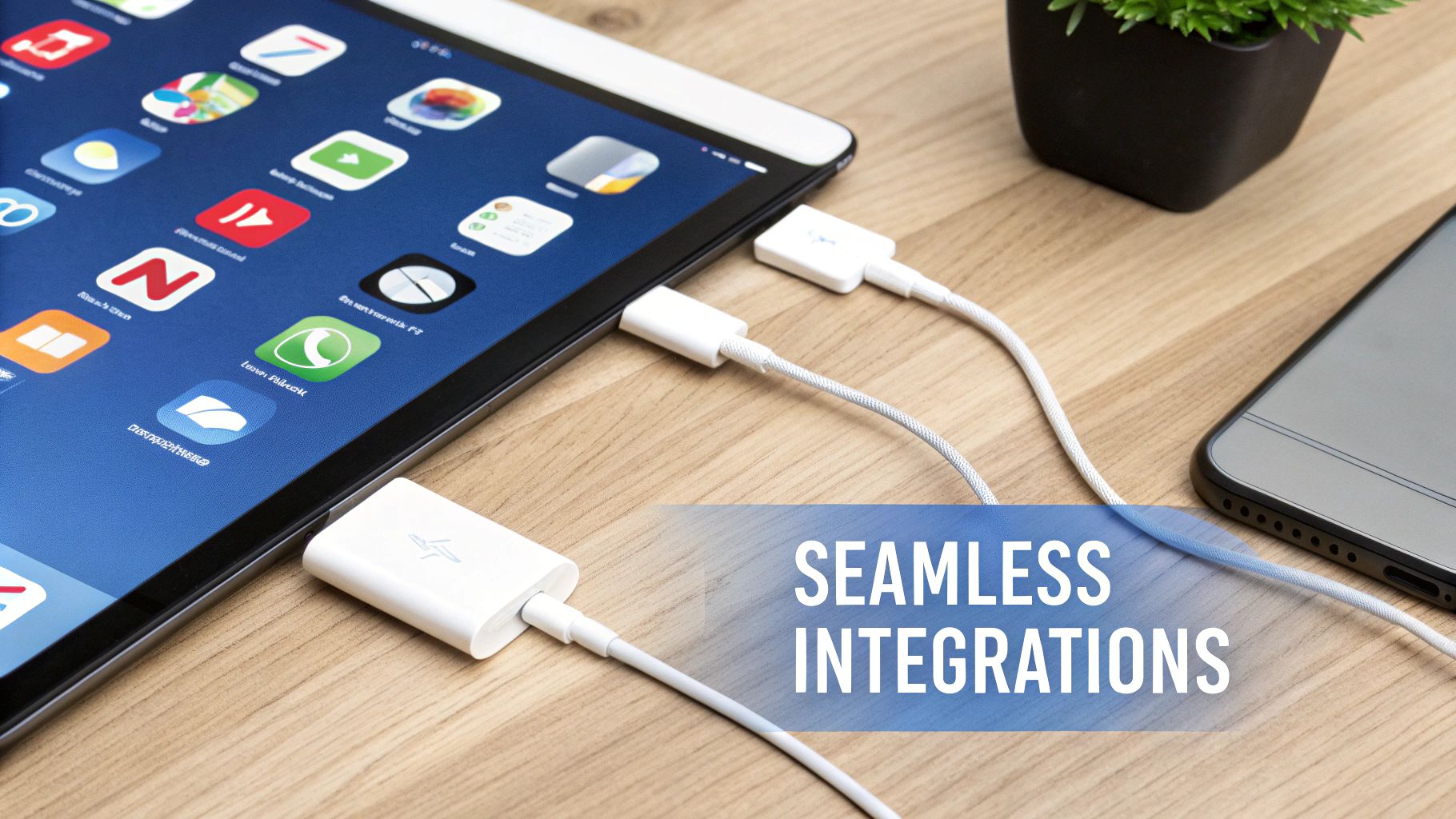 An iPad on a wooden desk with various app icons connected by white charging cables, emphasizing seamless integrations.