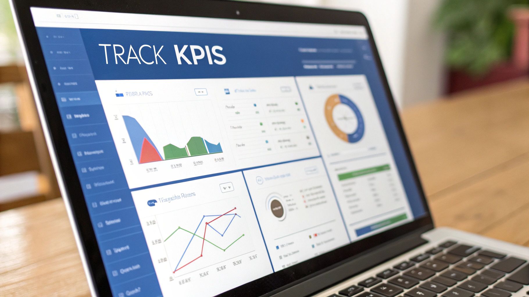 A close-up of a laptop screen displaying a business analytics dashboard with charts and the text 'TRACK KPIS'.