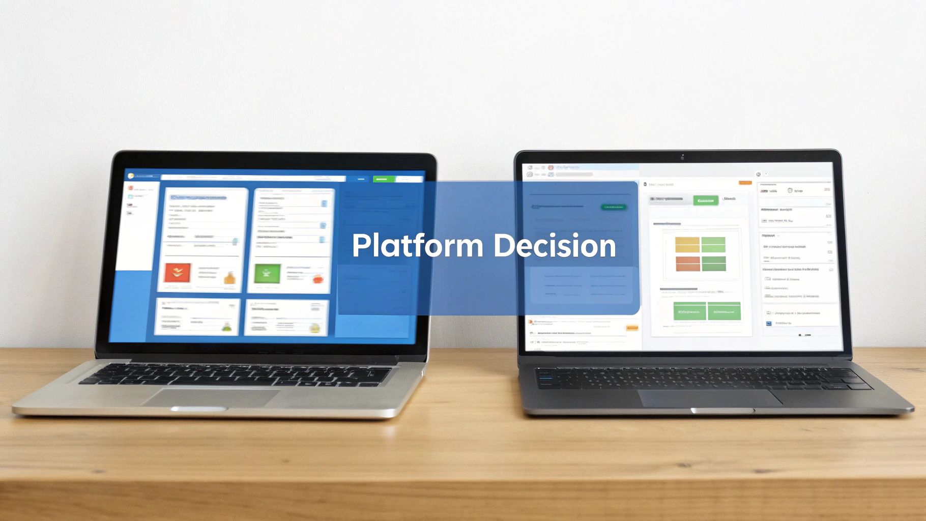 Two laptops on a wooden desk comparing different platform interfaces, with a 'Platform Decision' banner.