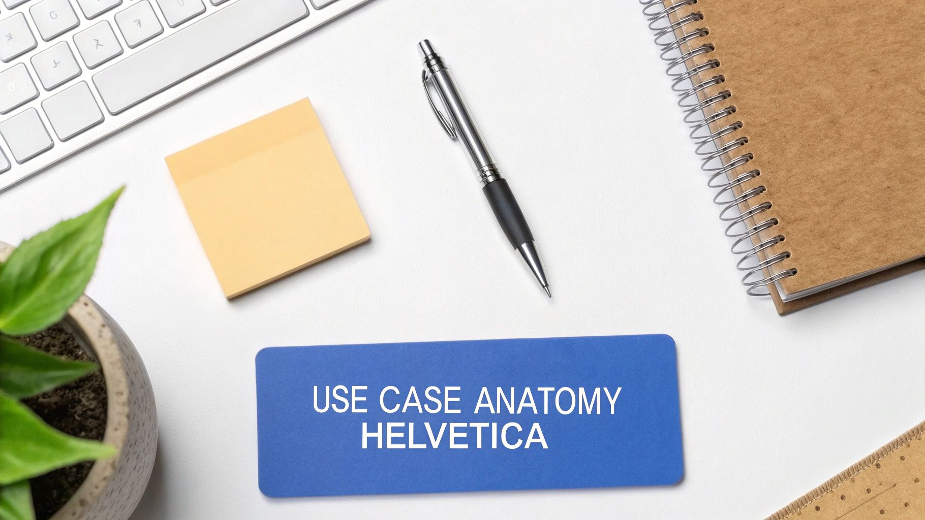 Flat lay showing a modern workspace with office items and a blue card, 'USE CASE ANATOMY HELVETICA'.