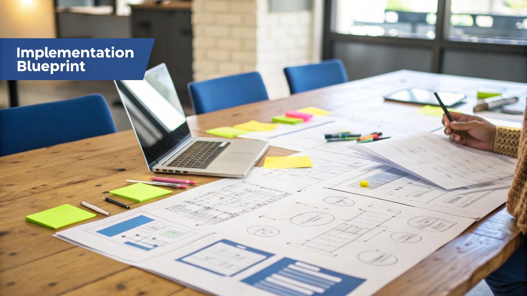 A team collaborating on a project plan with sticky notes on a glass wall.