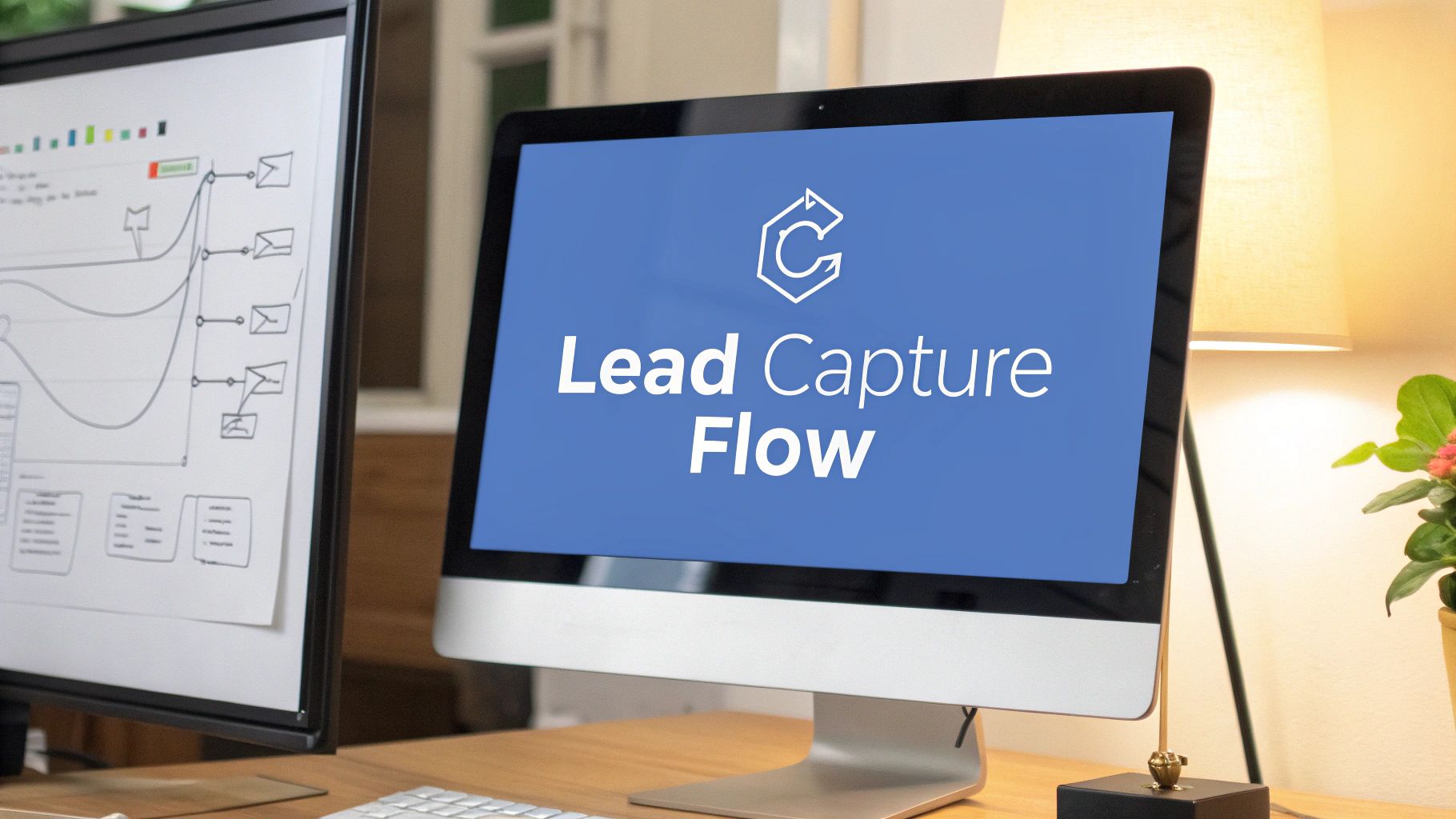 A desktop setup with two computer monitors, one displaying 'Lead Capture Flow' on a blue screen.