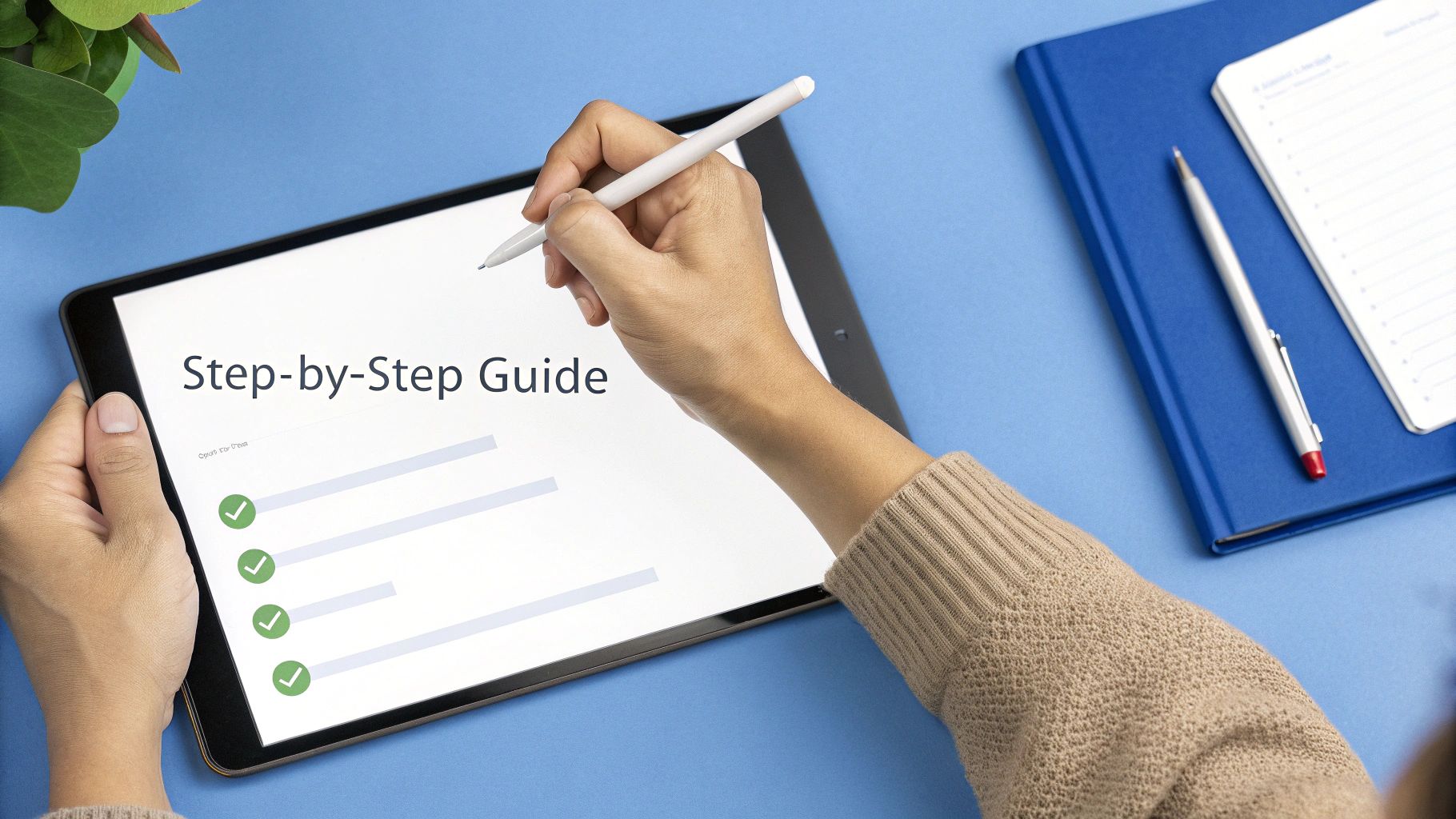 A person's hands using a stylus on a tablet displaying a 'Step-by-Step Guide' with green checkmarks.