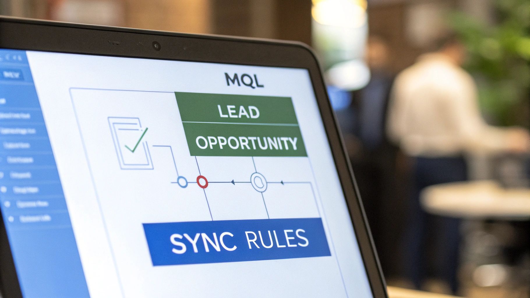 Close-up of a laptop screen displaying a business process diagram with MQL, Lead, Opportunity, and Sync Rules.