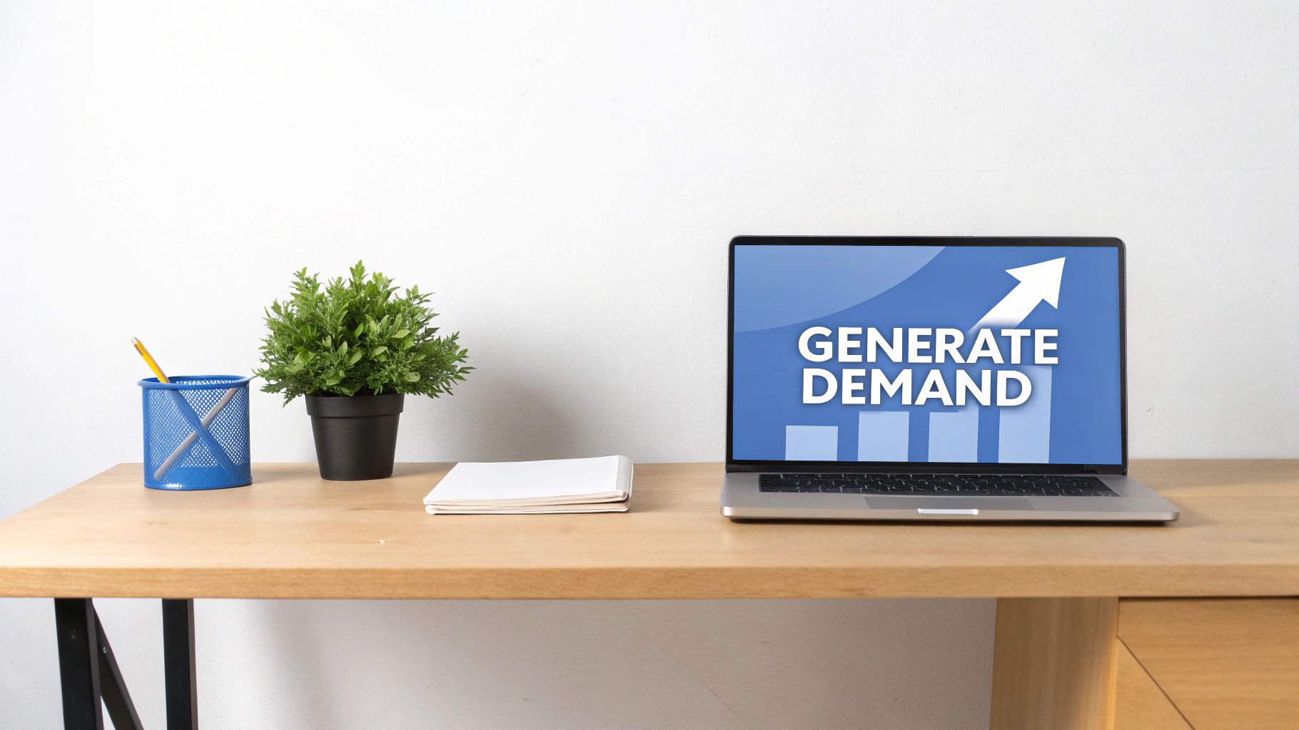 A laptop displaying 'GENERATE DEMAND' with a rising graph, a plant, and desk supplies on a wooden desk.