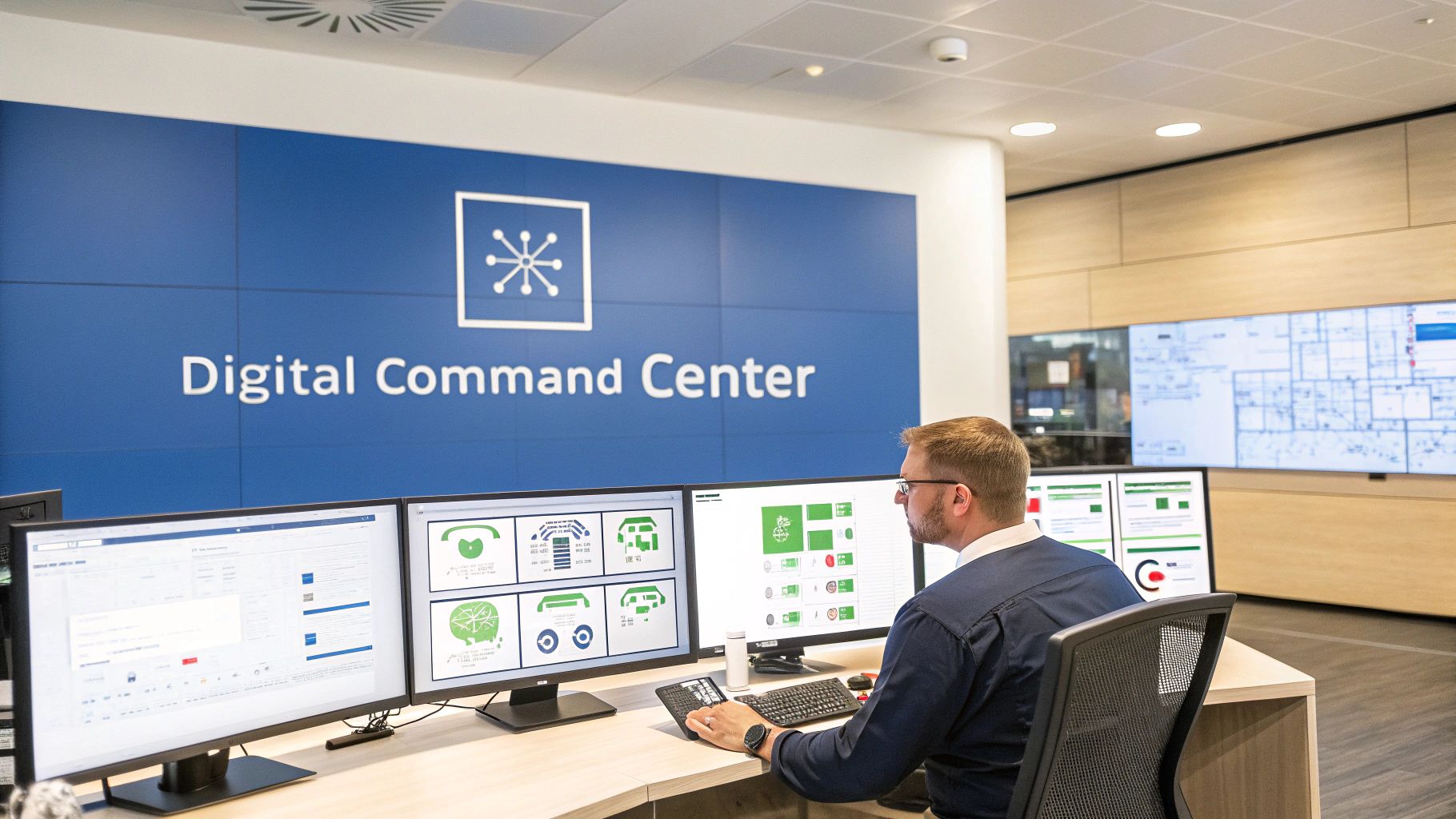Man in a Digital Command Center operating multiple computer monitors displaying data and charts.