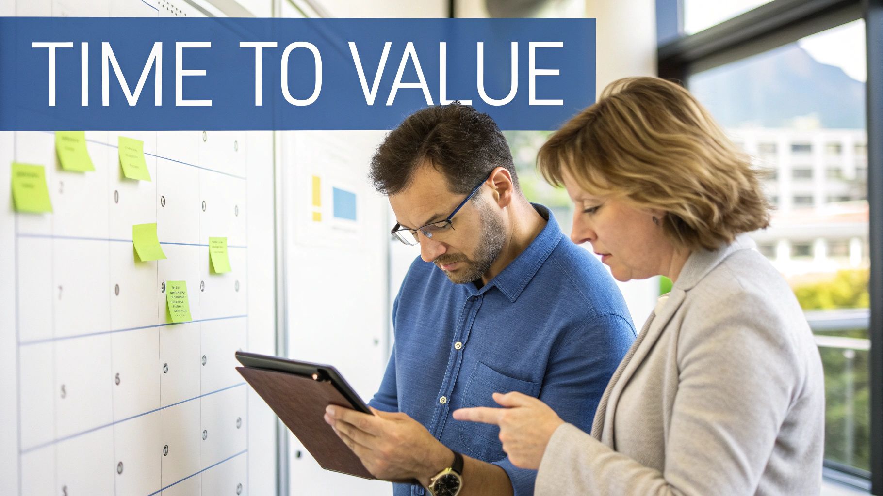Two business professionals collaborating, looking at a tablet and a whiteboard with sticky notes, under 'Time to Value'.