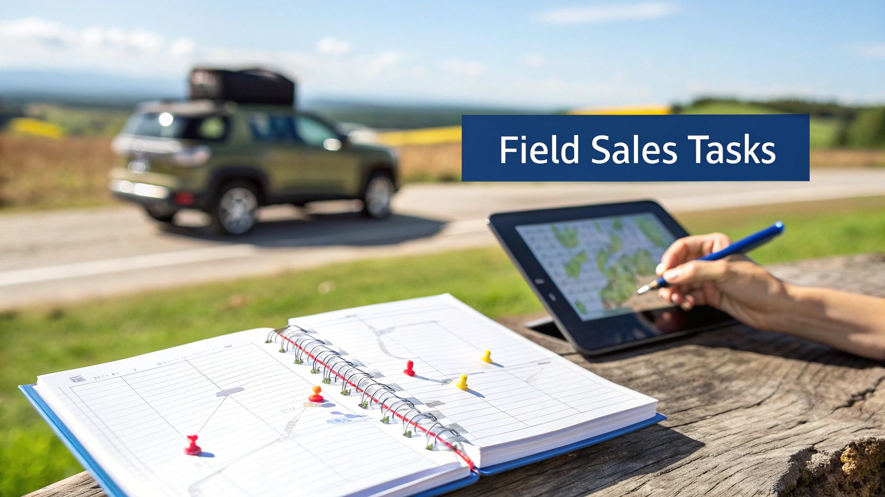 Field sales professional planning routes on a tablet with a map, with a notebook and car outdoors.