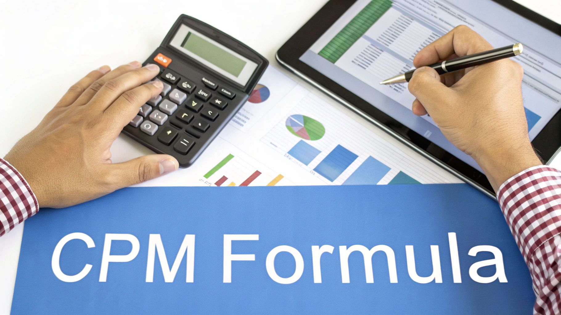 A person uses a calculator and tablet to analyze charts and a 'CPM Formula' document.