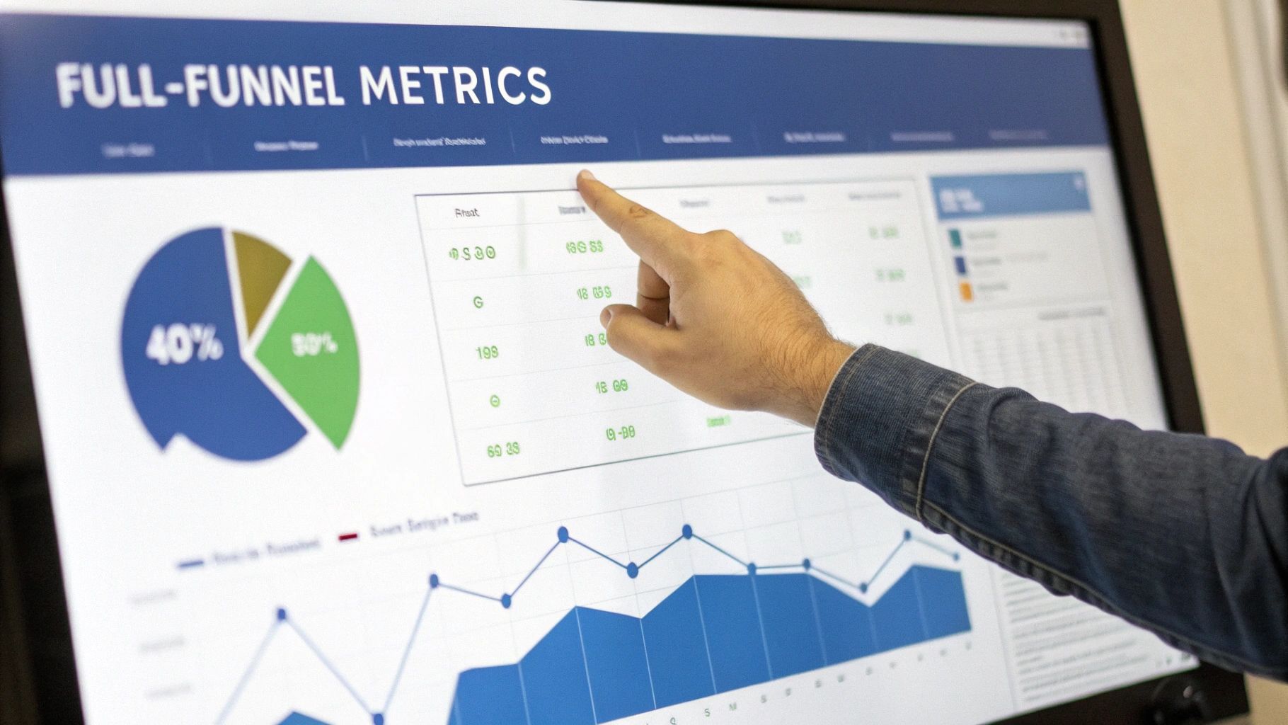 Hand pointing at a digital dashboard displaying 'Full-Funnel Metrics' with various charts and data.