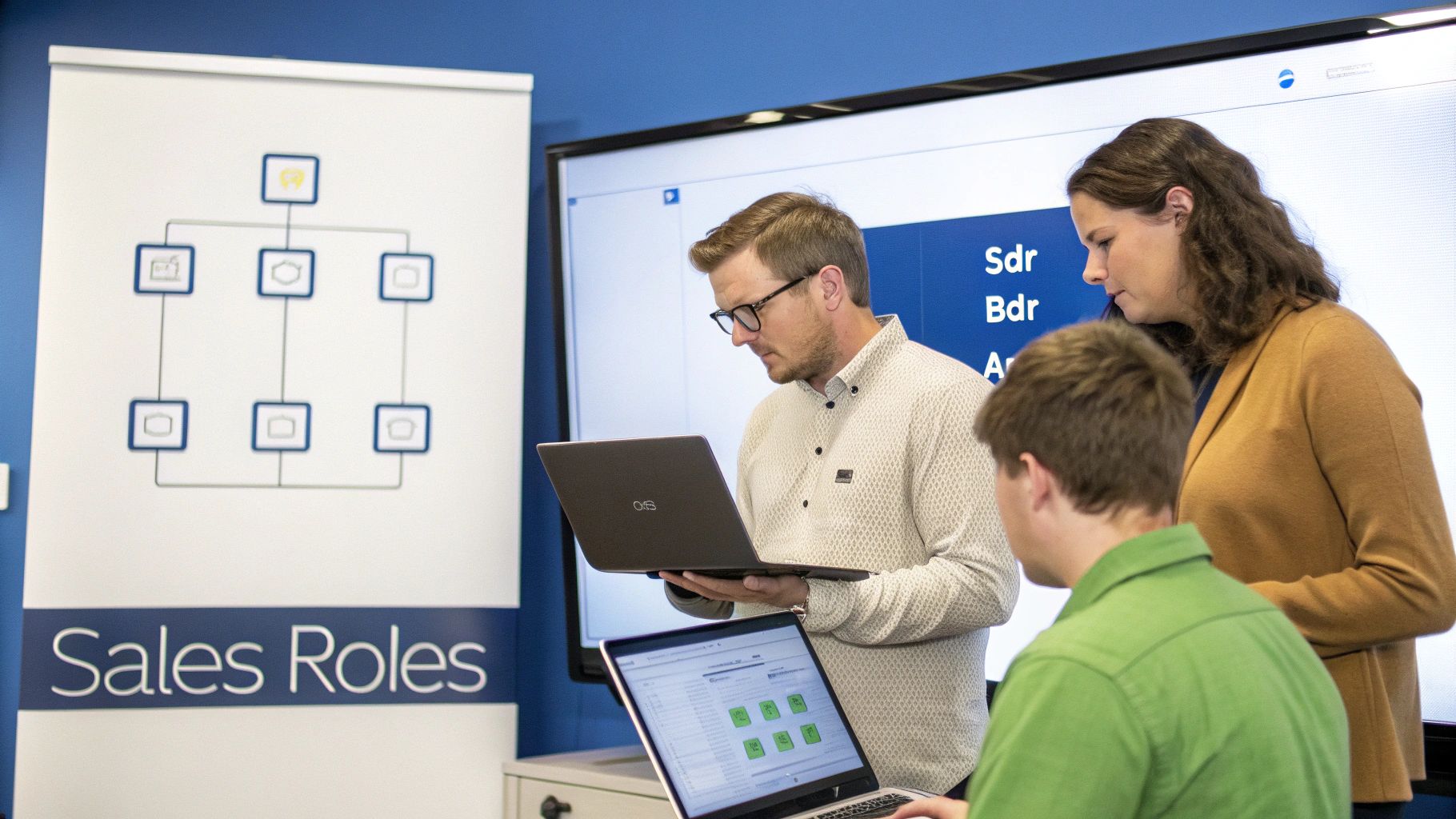 Three colleagues collaborate in an office, discussing sales roles and strategies with laptops and a large screen.